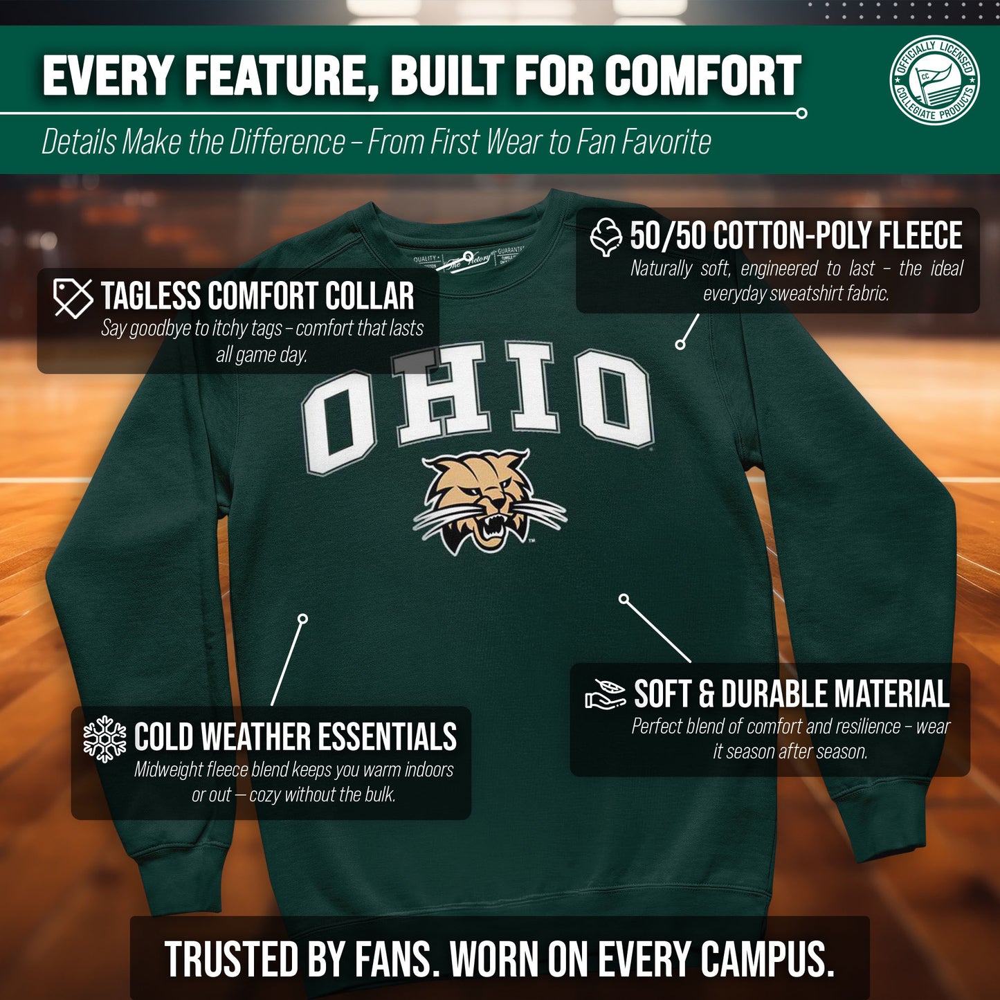 Ohio Bobcats Adult Arch & Logo Soft Style Gameday Crewneck Sweatshirt - Green