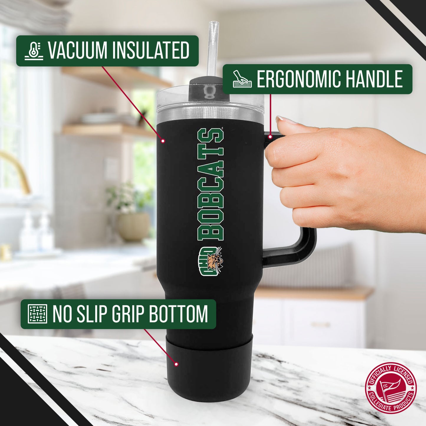 Ohio Bobcats College & University 40 oz Travel Tumbler With Handle - Black