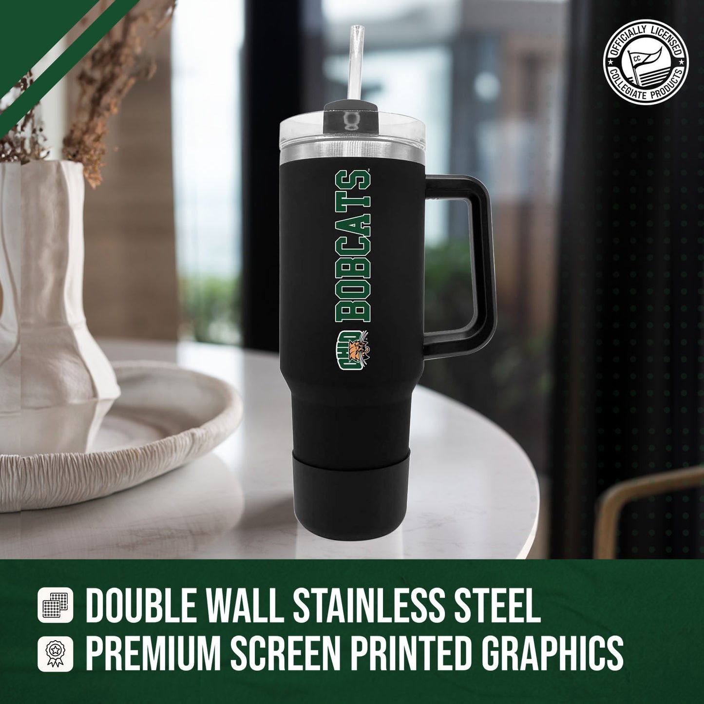 Ohio Bobcats College & University 40 oz Travel Tumbler With Handle - Black