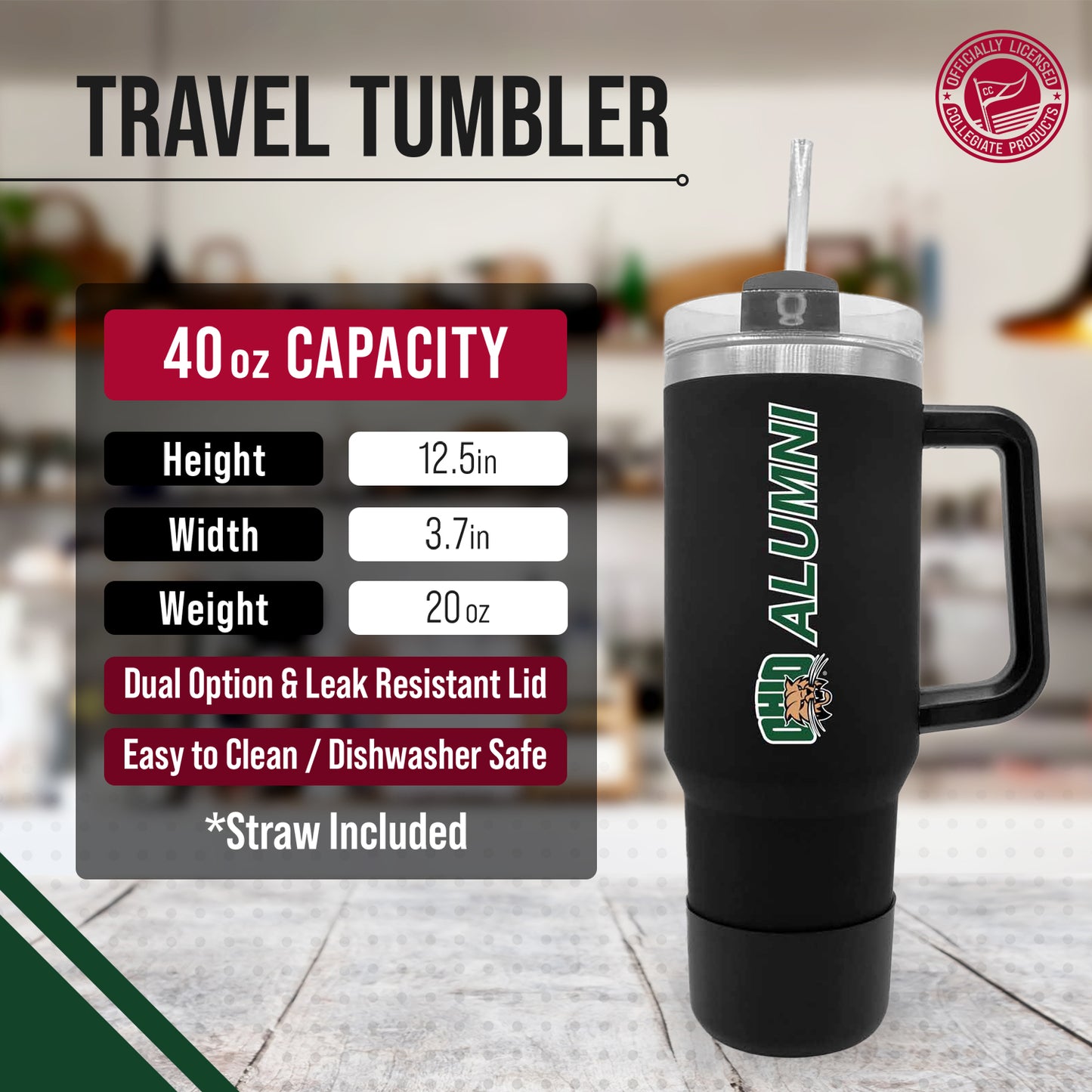Ohio Bobcats Collegiate 40oz Stainless Steel Travel Tumbler with Handle for Alumni - Black