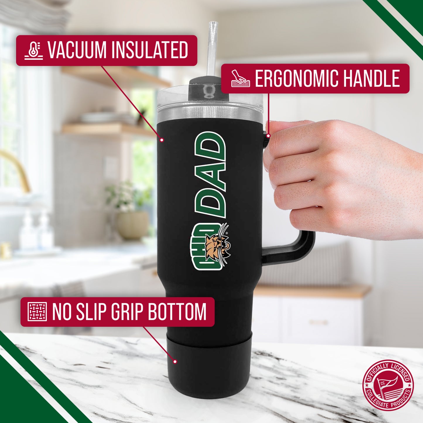 Ohio Bobcats Collegiate 40oz Stainless Steel Travel Tumbler with Handle for Dad - Black