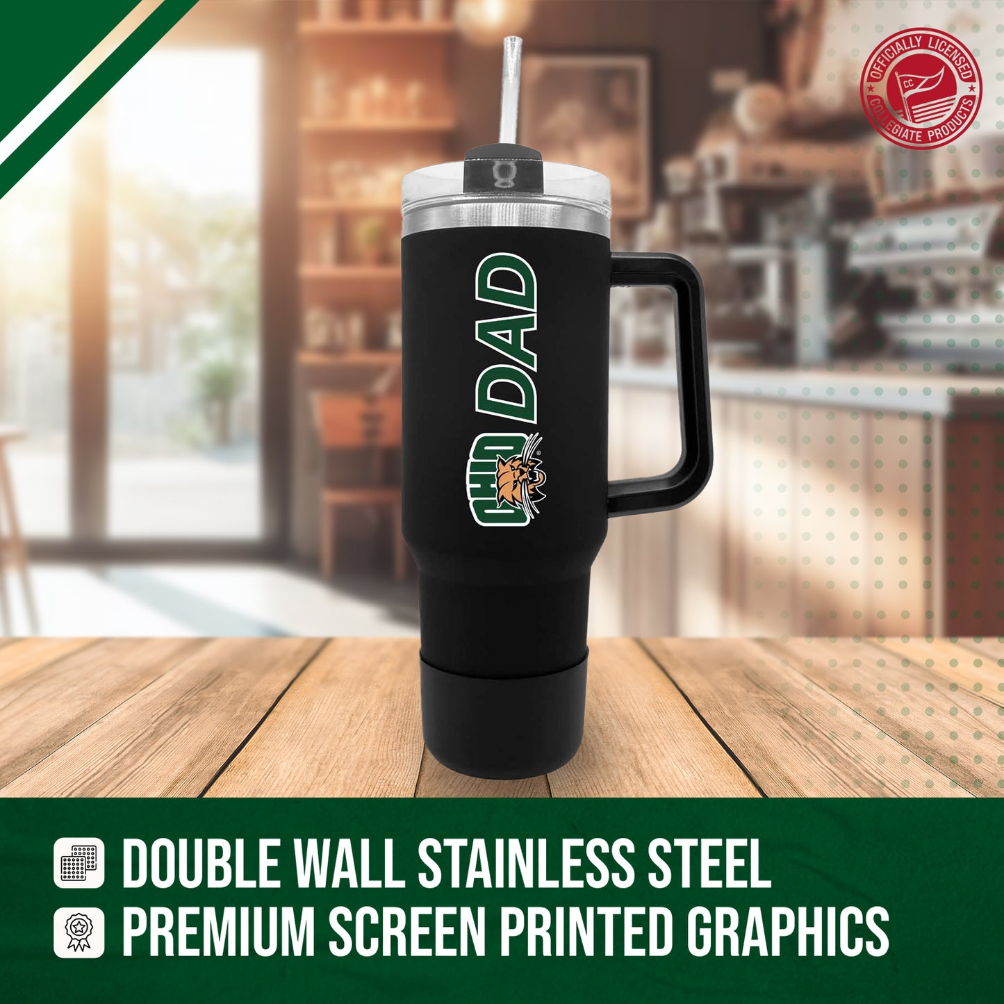 Ohio Bobcats Collegiate 40oz Stainless Steel Travel Tumbler with Handle for Dad - Black