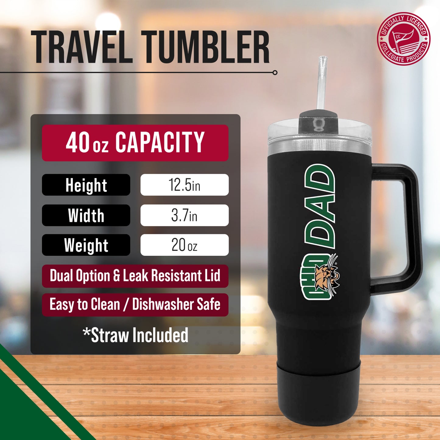 Ohio Bobcats Collegiate 40oz Stainless Steel Travel Tumbler with Handle for Dad - Black