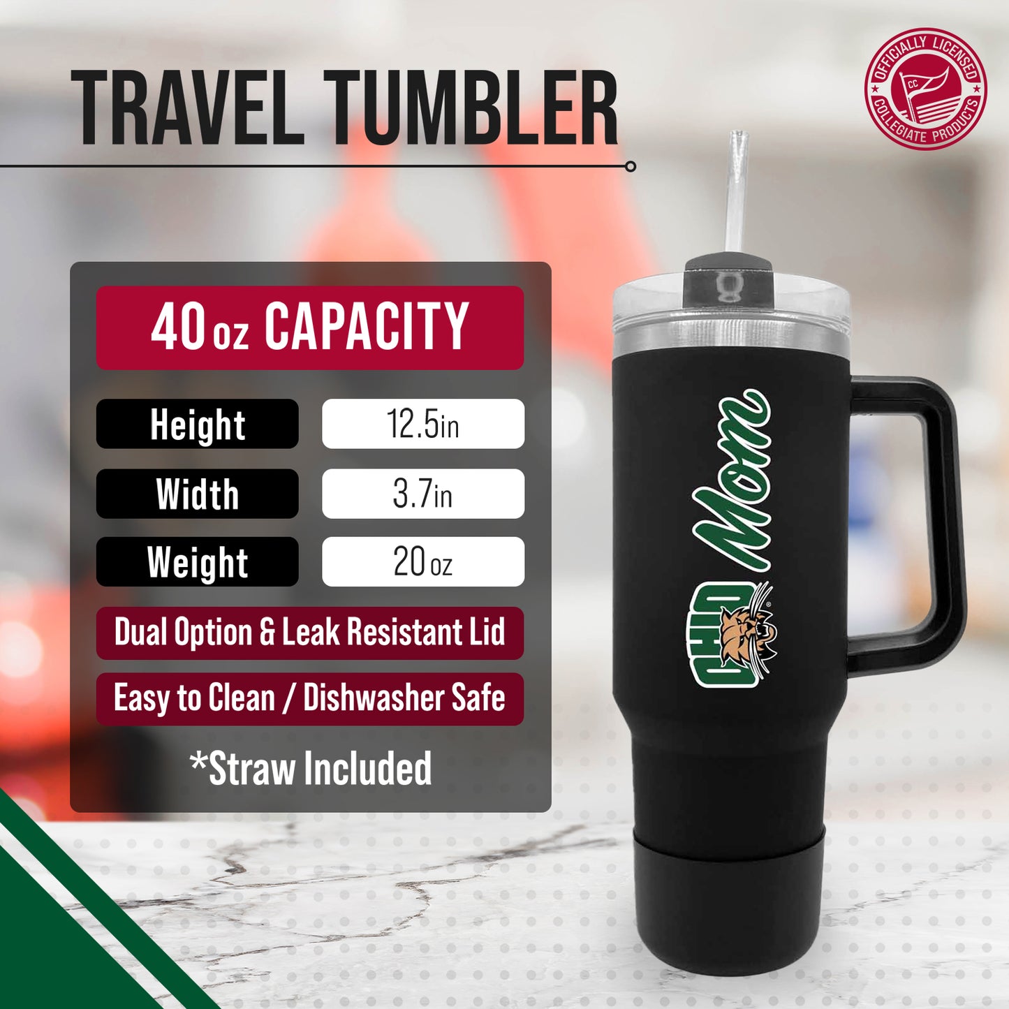 Ohio Bobcats Collegiate 40oz Stainless Steel Travel Tumbler with Handle for Mom - Black