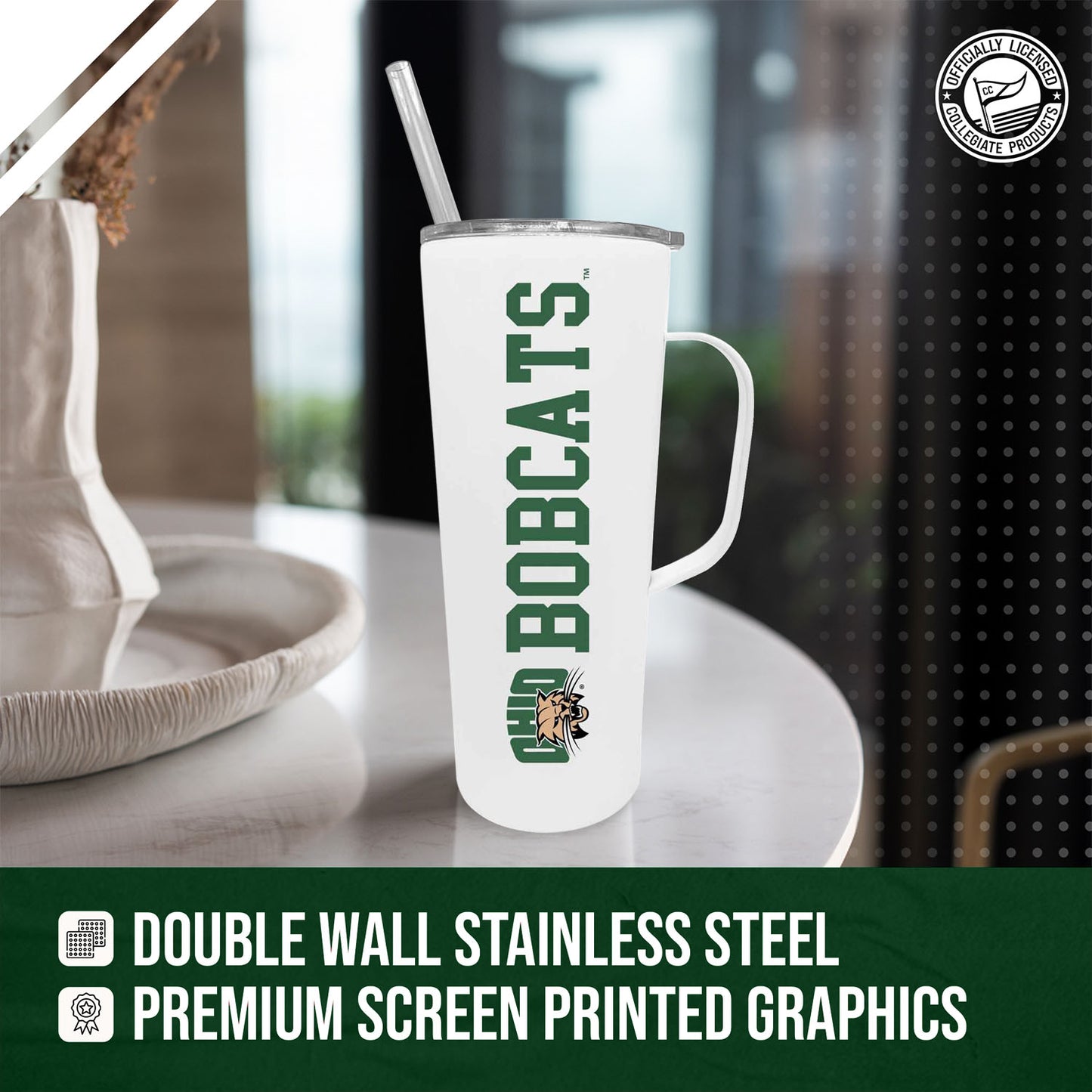 Ohio Bobcats NCAA Stainless Steel 20oz Roadie With Handle & Dual Option Lid With Straw - White