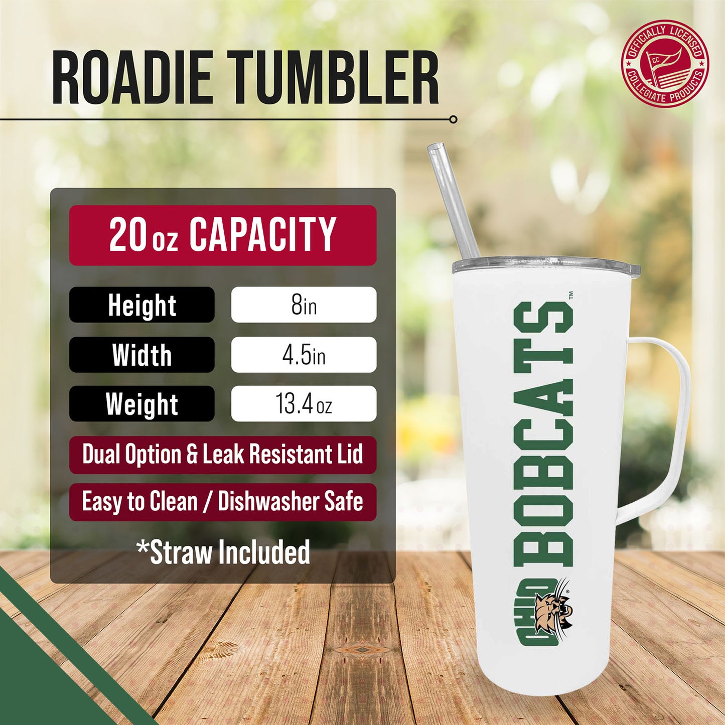Ohio Bobcats NCAA Stainless Steel 20oz Roadie With Handle & Dual Option Lid With Straw - White