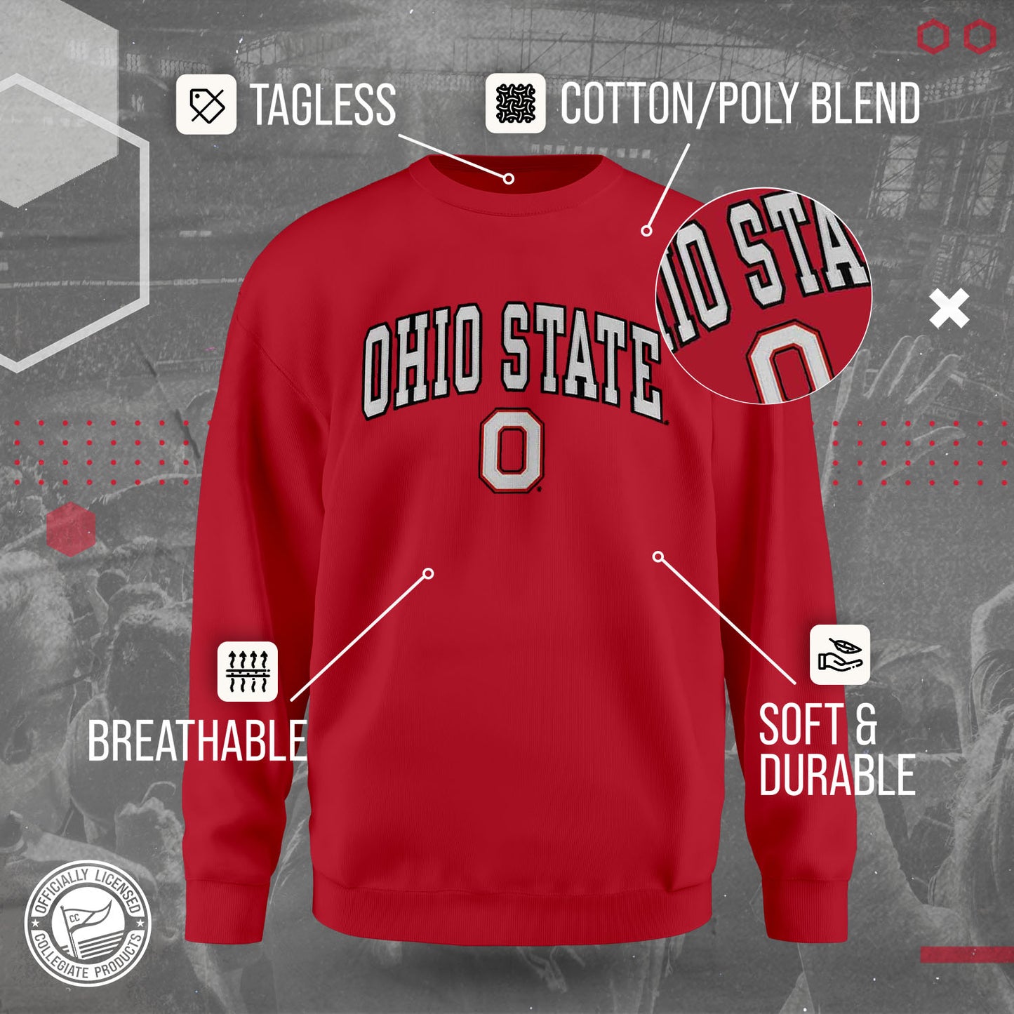 Ohio State Buckeyes NCAA Adult Tackle Twill Crewneck Sweatshirt - Red