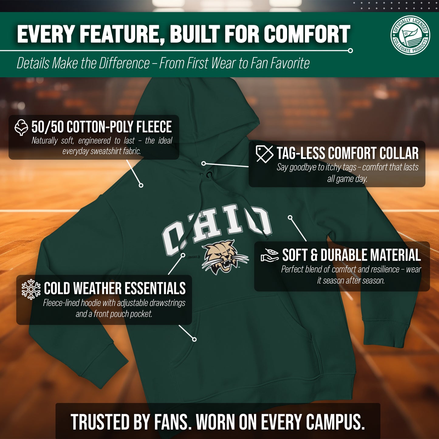 Ohio Bobcats Adult Arch & Logo Soft Style Gameday Hooded Sweatshirt - Green