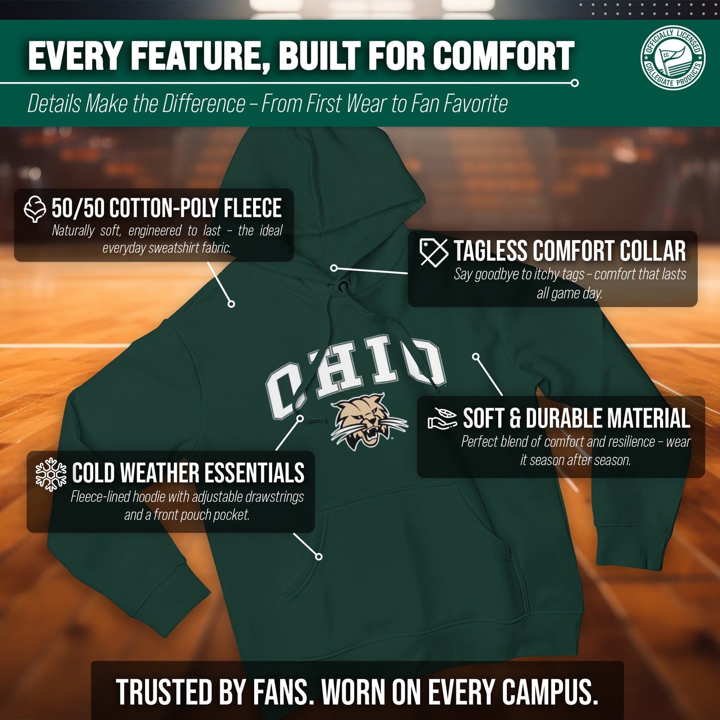 Ohio Bobcats Adult Arch & Logo Soft Style Gameday Hooded Sweatshirt - Green