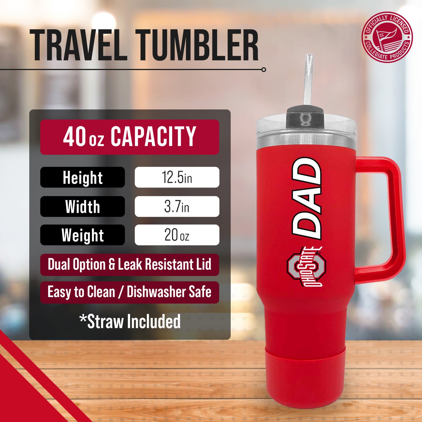 Ohio State Buckeyes Collegiate 40oz Stainless Steel Travel Tumbler with Handle for Dad - Red