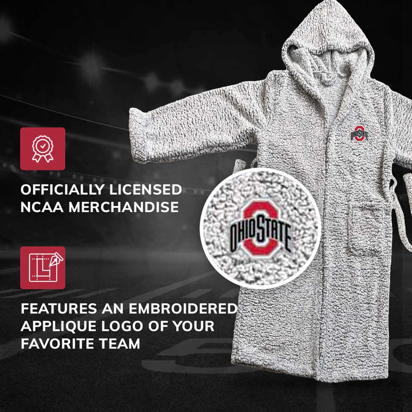 Ohio State Buckeyes NCAA Adult Plush Hooded Robe with Pockets - Gray