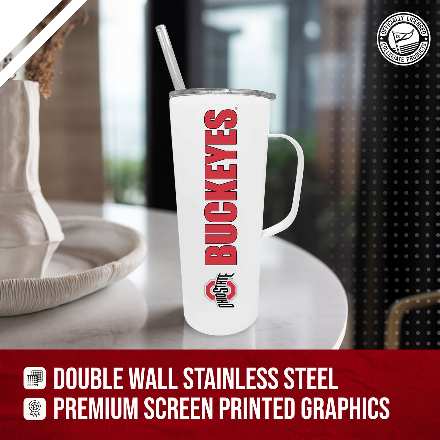 Ohio State Buckeyes NCAA Stainless Steel 20oz Roadie With Handle & Dual Option Lid With Straw - White