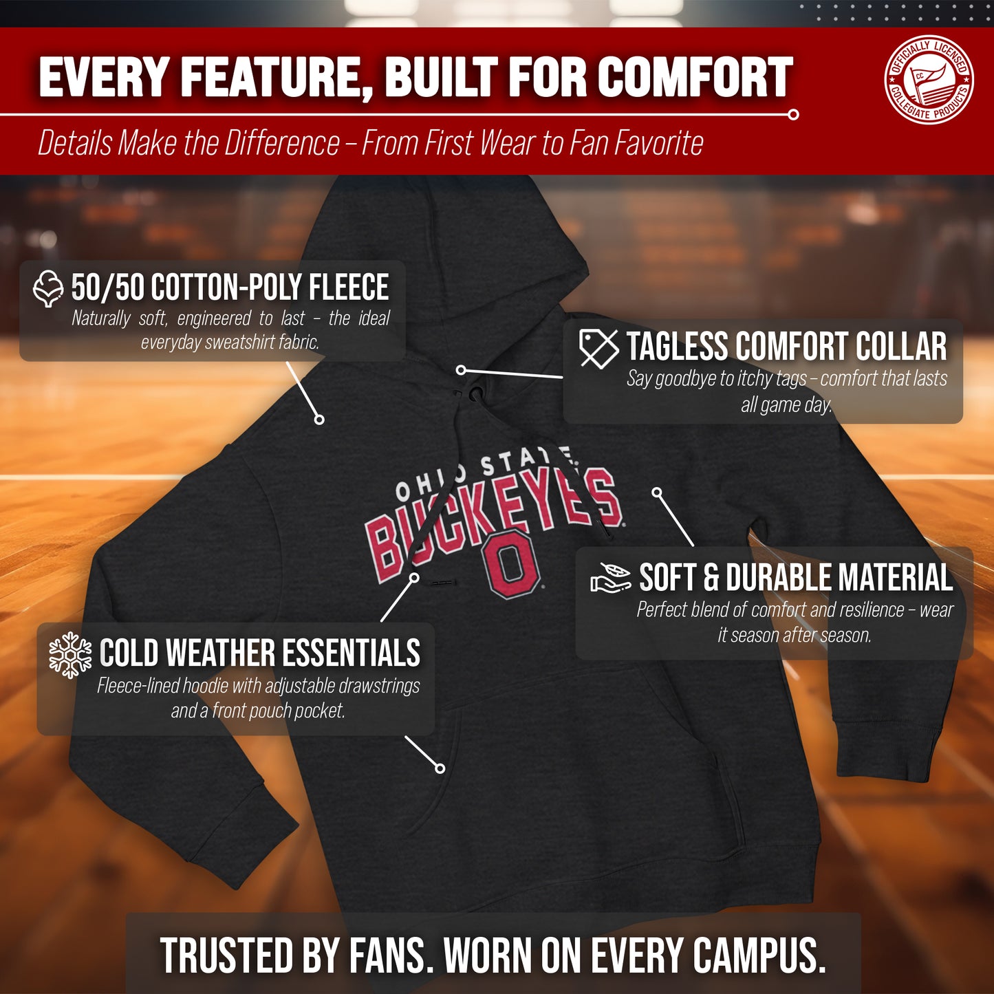 Ohio State Buckeyes NCAA Adult Unisex Starting Fresh Heathered Hooded Fleece Sweatshirt - Black Heather