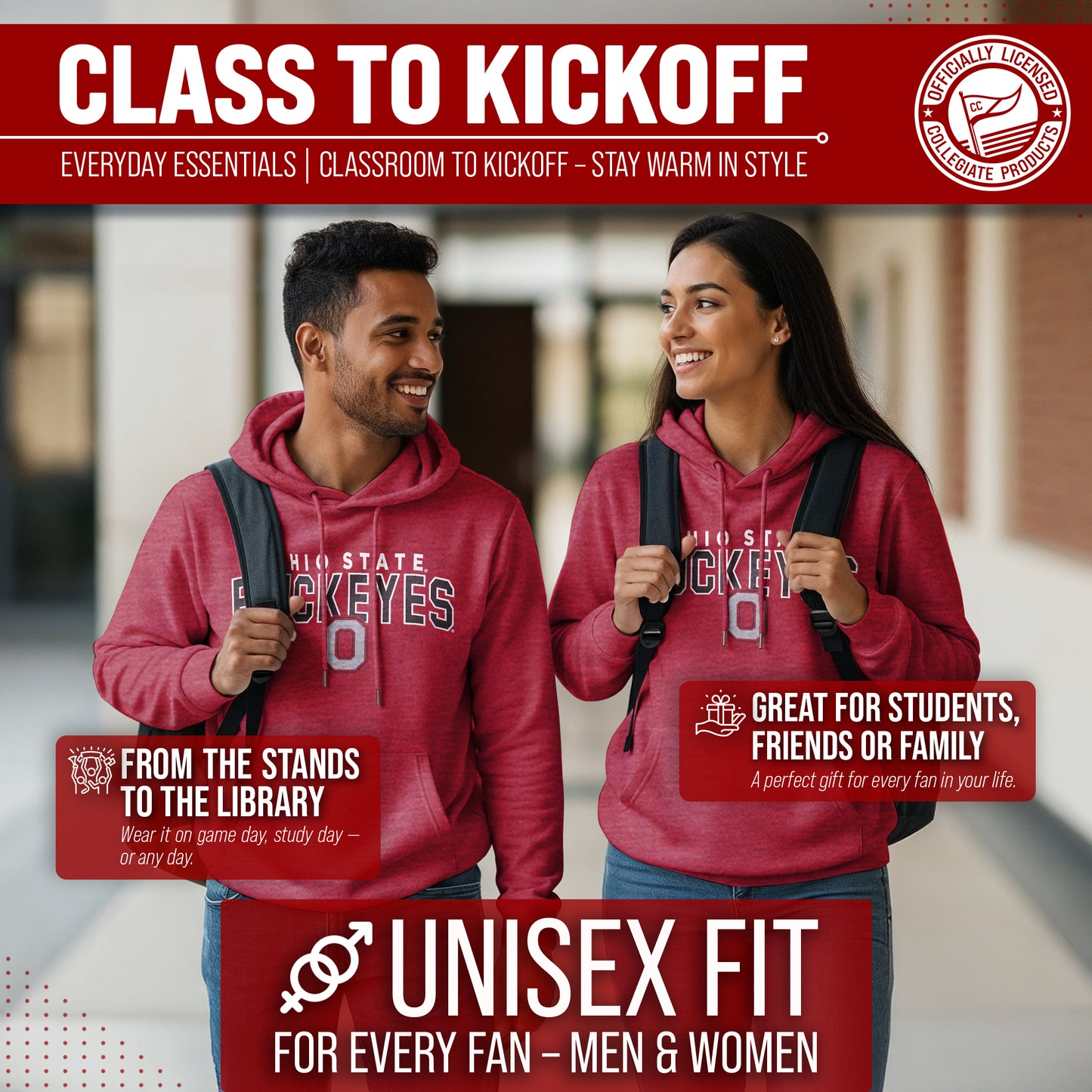 Ohio State Buckeyes NCAA Adult Unisex Starting Fresh Heathered Hooded Fleece Sweatshirt - Red Heather