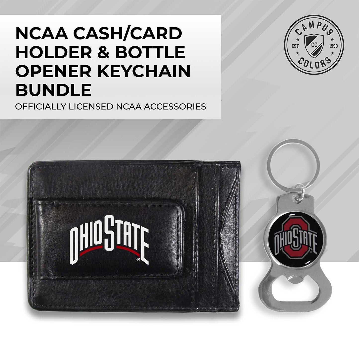 Ohio State Buckeyes School Logo Leather Card/Cash Holder and Bottle Opener Keychain Bundle - Black