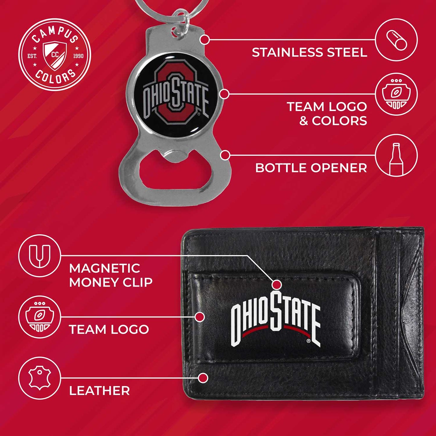 Ohio State Buckeyes School Logo Leather Card/Cash Holder and Bottle Opener Keychain Bundle - Black