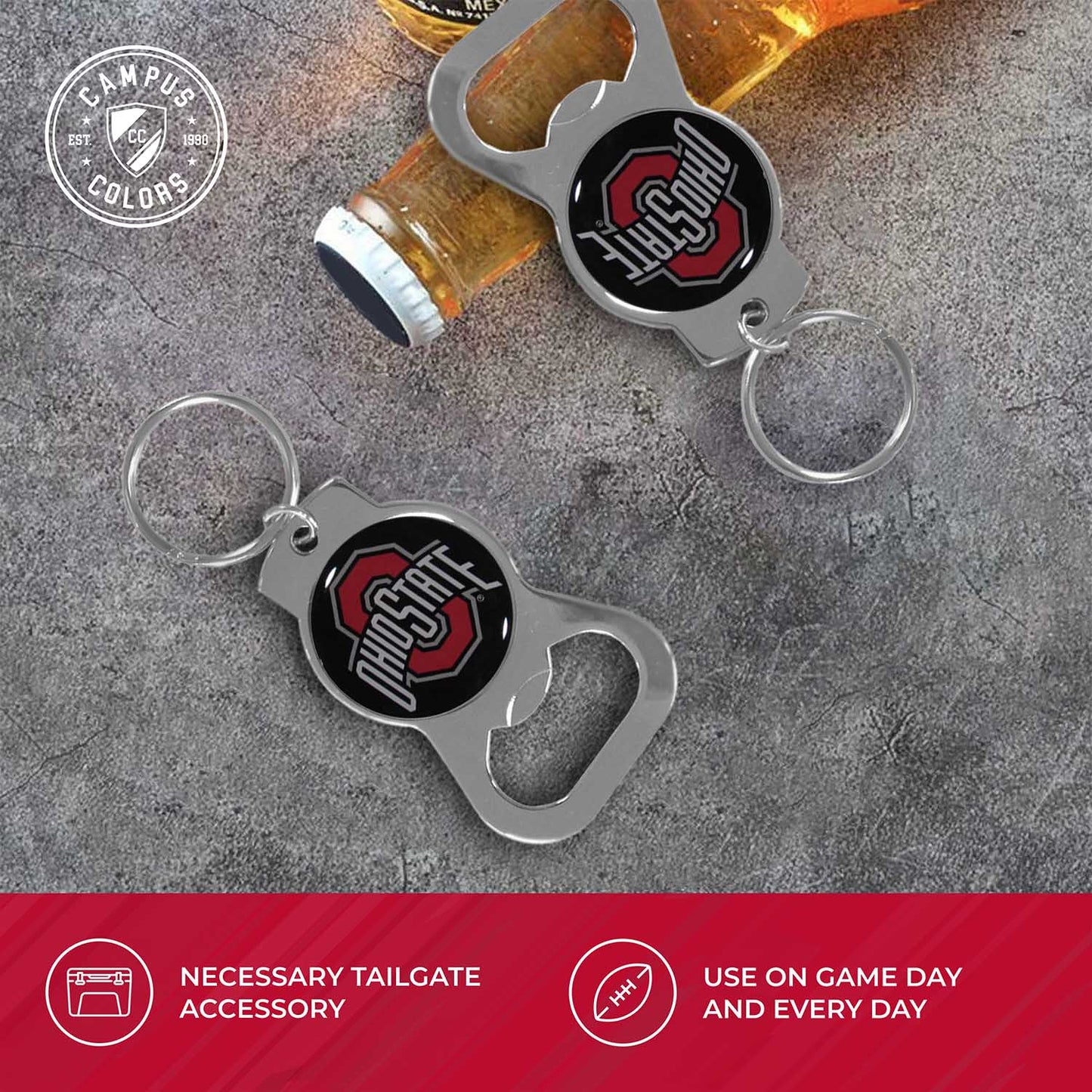Ohio State Buckeyes School Logo Leather Card/Cash Holder and Bottle Opener Keychain Bundle - Black