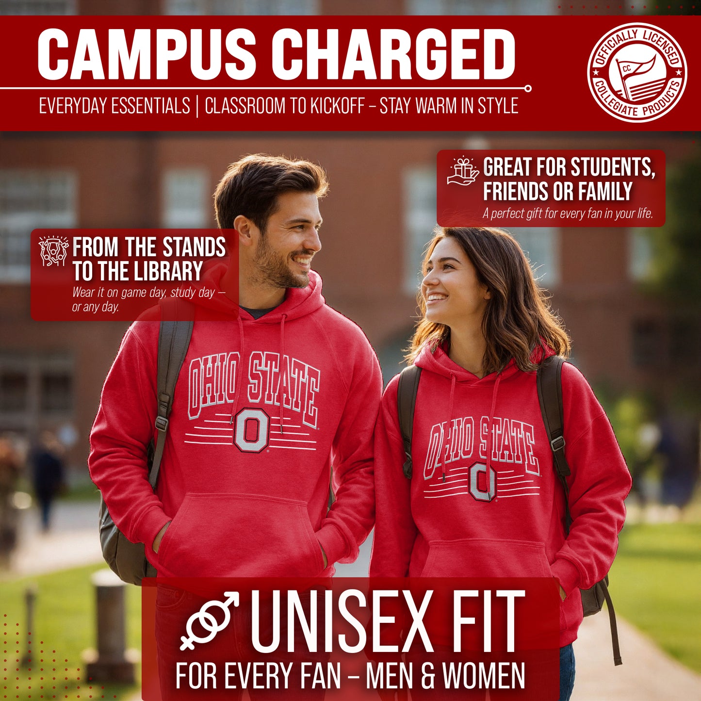 Ohio State Buckeyes NCAA Adult Unisex Overtime Classics Hooded Fleece Sweatshirt - Red