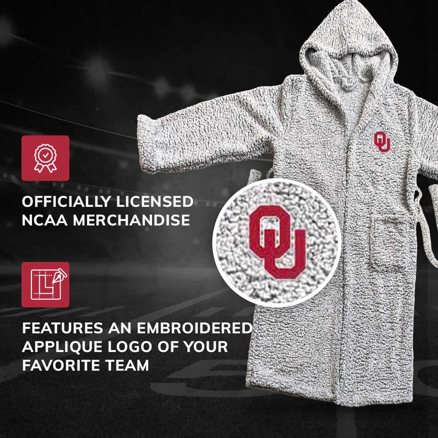 Oklahoma Sooners NCAA Adult Plush Hooded Robe with Pockets - Gray