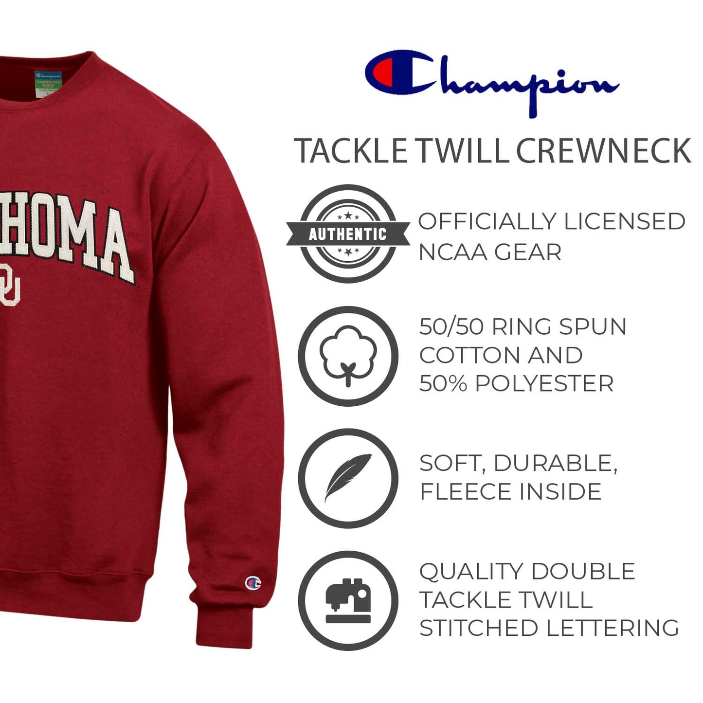 Oklahoma Sooners Adult Tackle Twill Crewneck - Cardinal