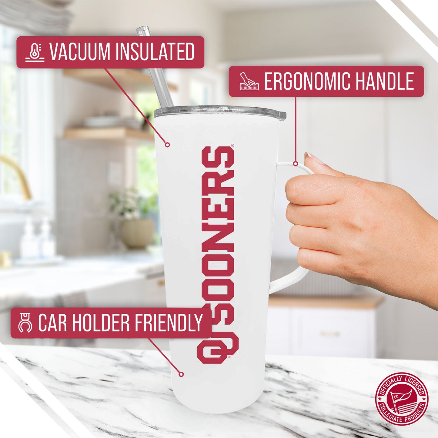 Oklahoma Sooners NCAA Stainless Steel 20oz Roadie With Handle & Dual Option Lid With Straw - White