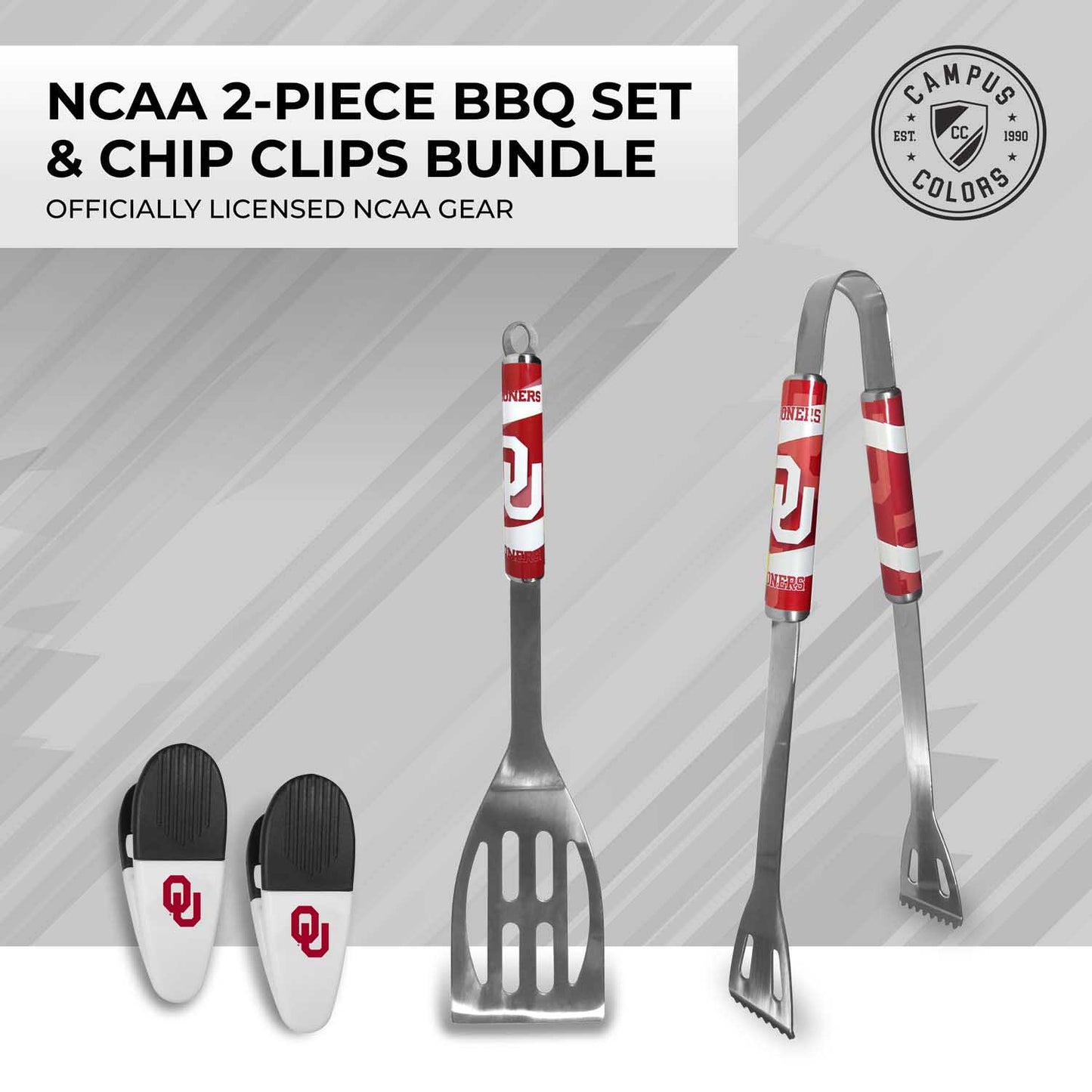 Oklahoma Sooners Collegiate University Two Piece Grilling Tools Set with 2 Magnet Chip Clips - Chrome