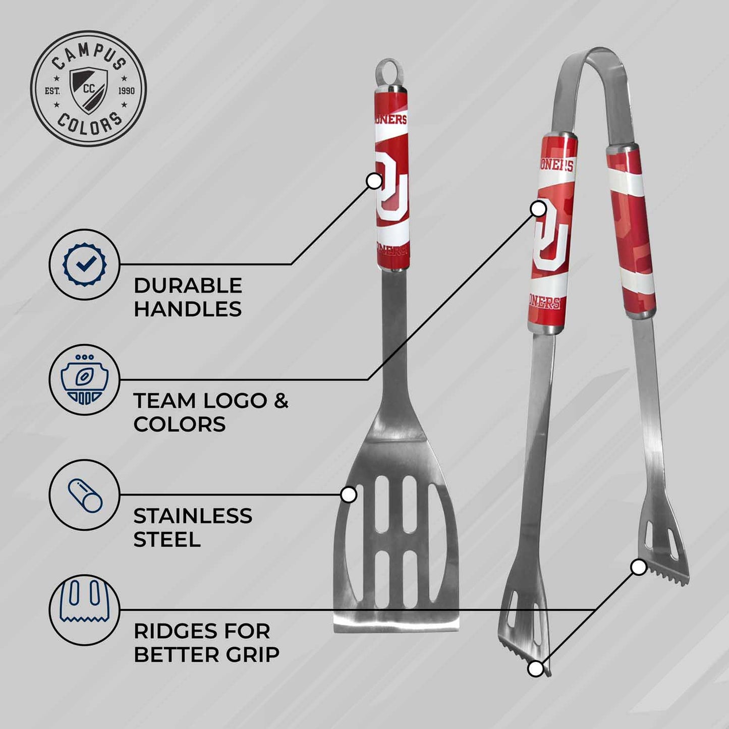 Oklahoma Sooners Collegiate University Two Piece Grilling Tools Set with 2 Magnet Chip Clips - Chrome