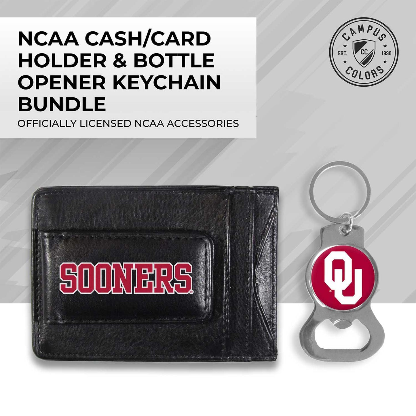 Oklahoma Sooners School Logo Leather Card/Cash Holder and Bottle Opener Keychain Bundle - Black