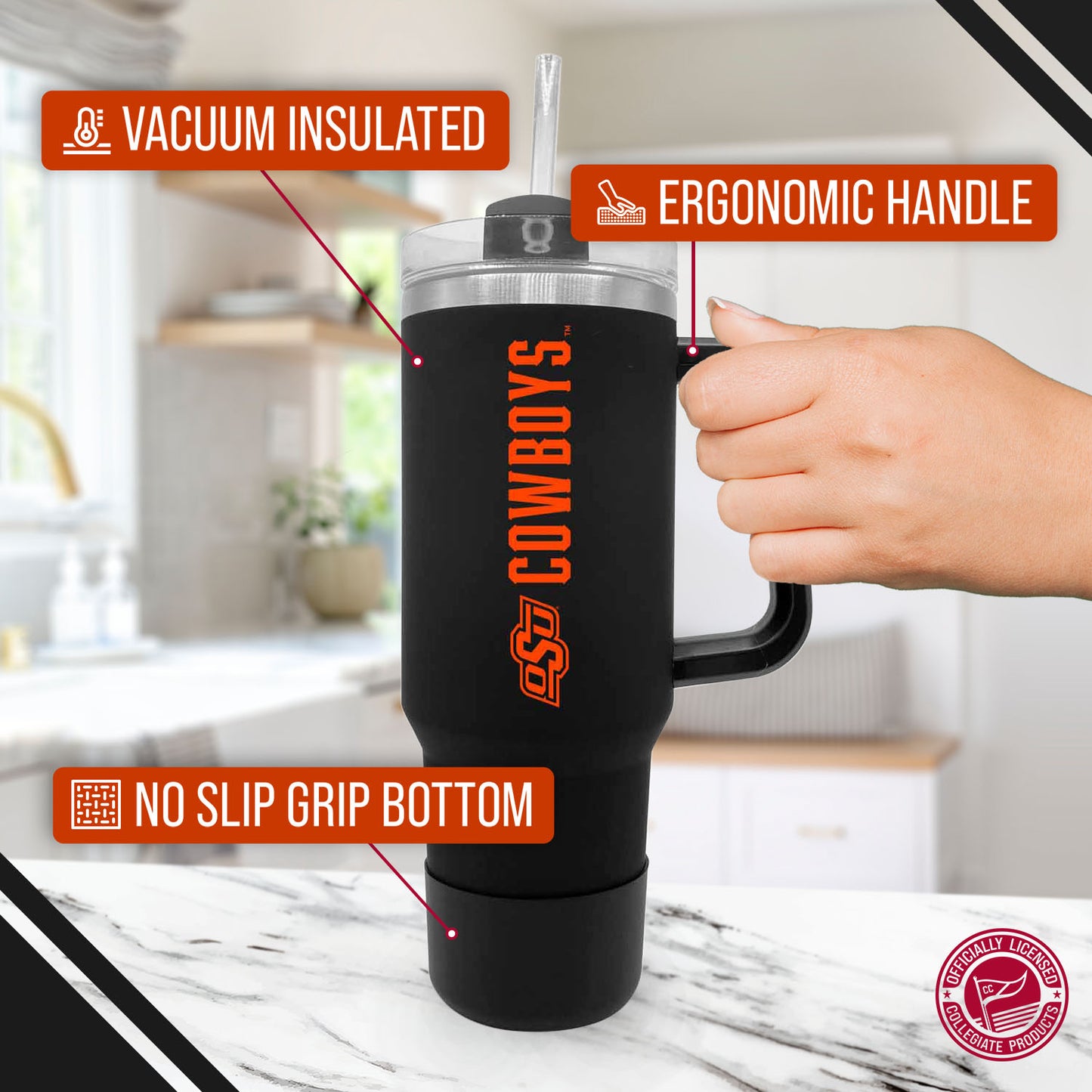 Oklahoma State Cowboys College & University 40 oz Travel Tumbler With Handle - Black