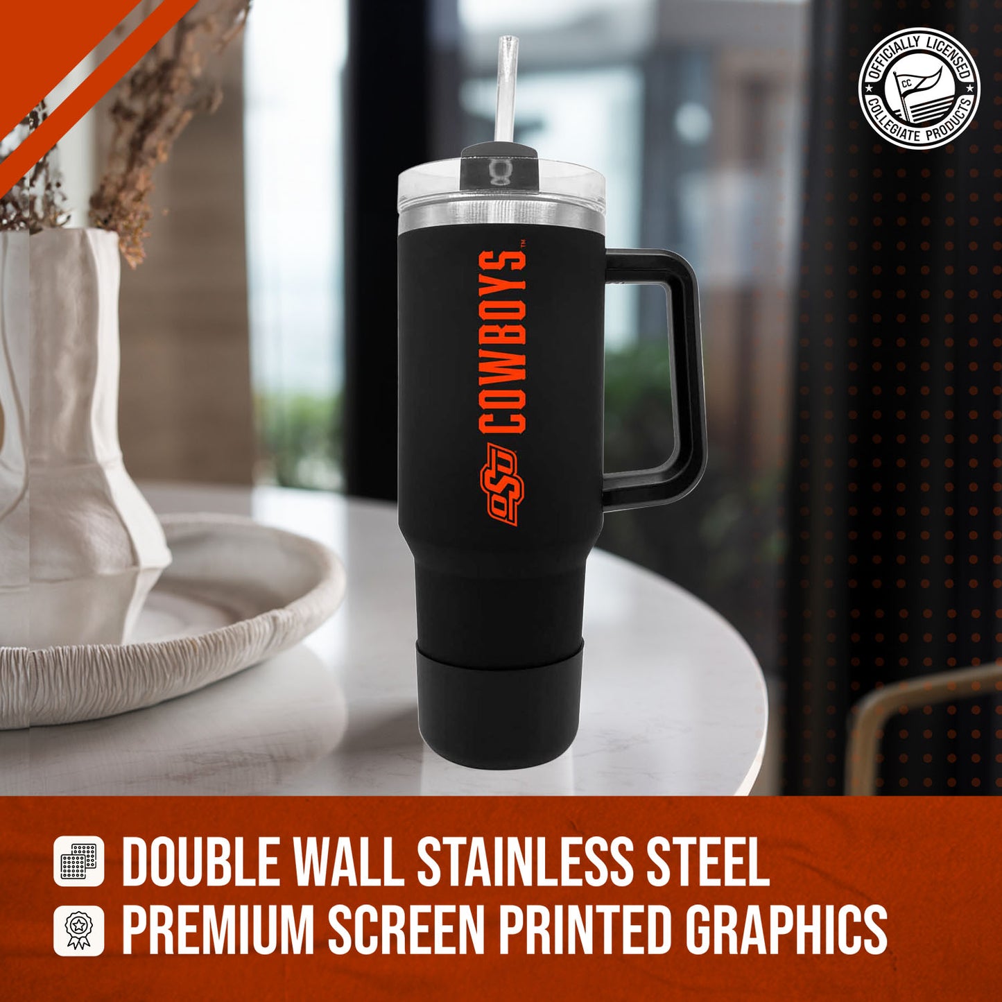 Oklahoma State Cowboys College & University 40 oz Travel Tumbler With Handle - Black