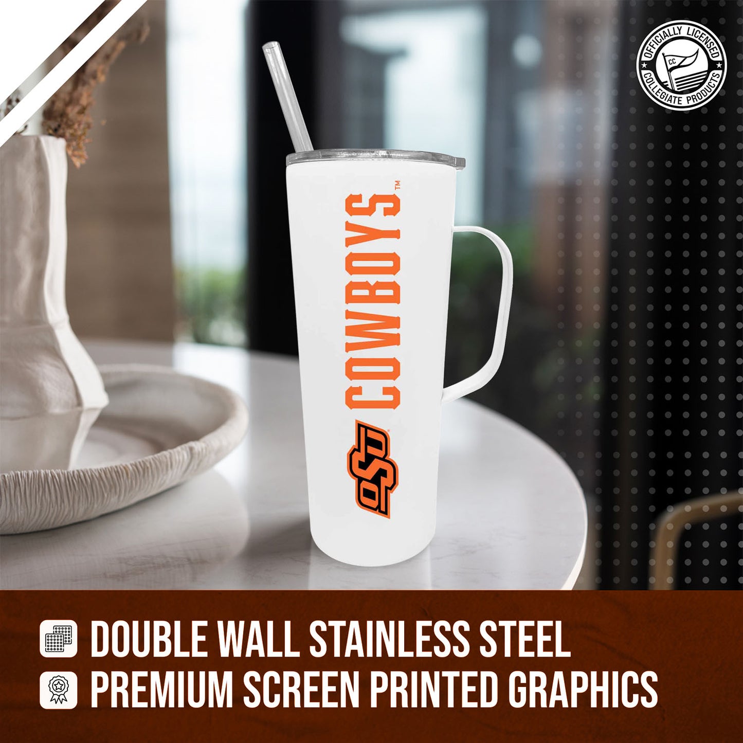 Oklahoma State Cowboys NCAA Stainless Steel 20oz Roadie With Handle & Dual Option Lid With Straw - White