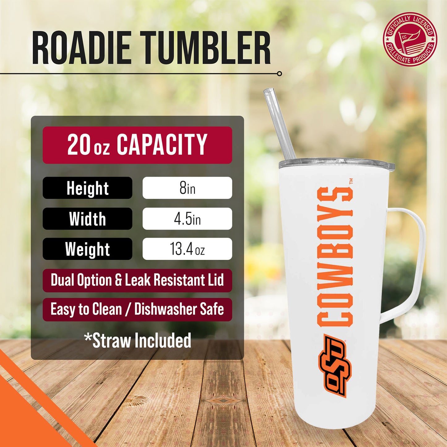 Oklahoma State Cowboys NCAA Stainless Steel 20oz Roadie With Handle & Dual Option Lid With Straw - White
