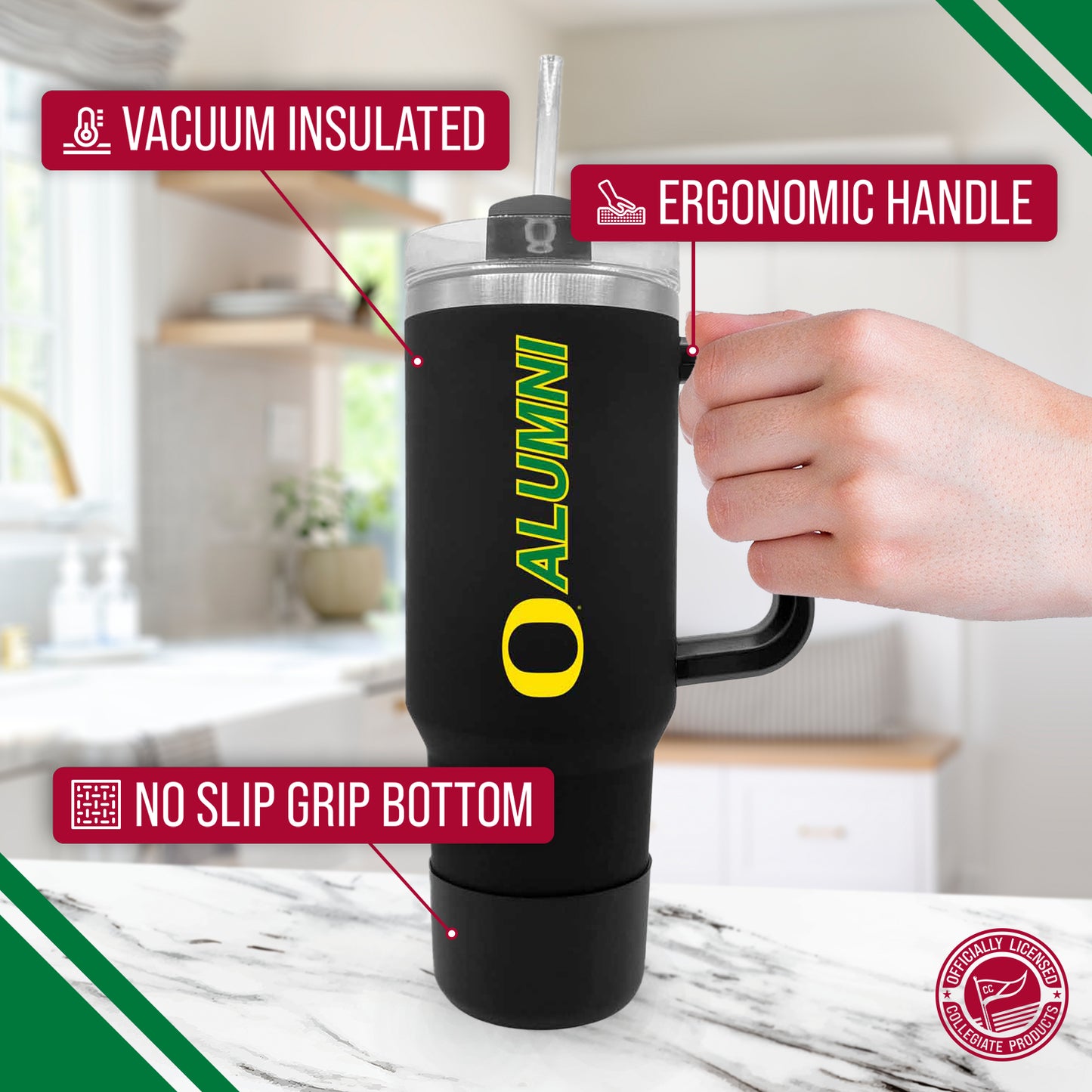 Oregon Ducks Collegiate 40oz Stainless Steel Travel Tumbler with Handle for Alumni - Black