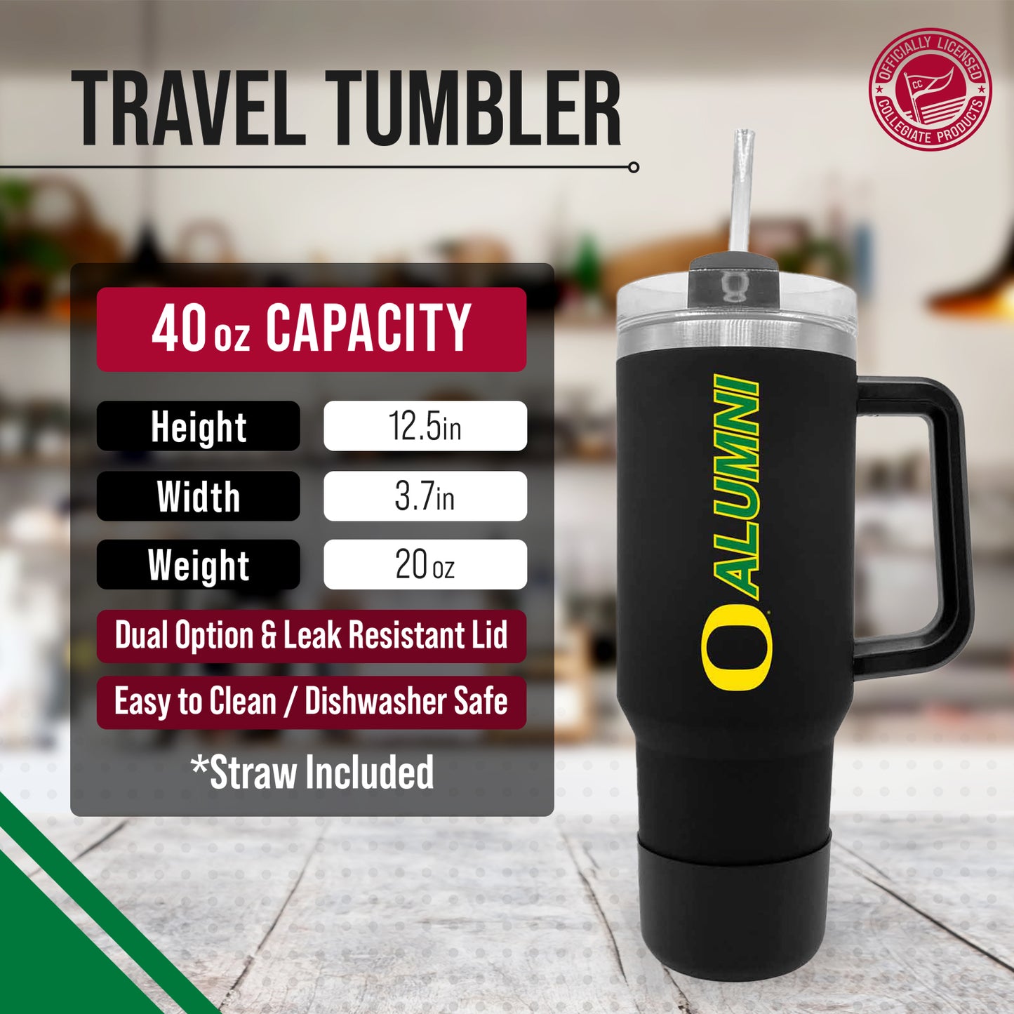 Oregon Ducks Collegiate 40oz Stainless Steel Travel Tumbler with Handle for Alumni - Black