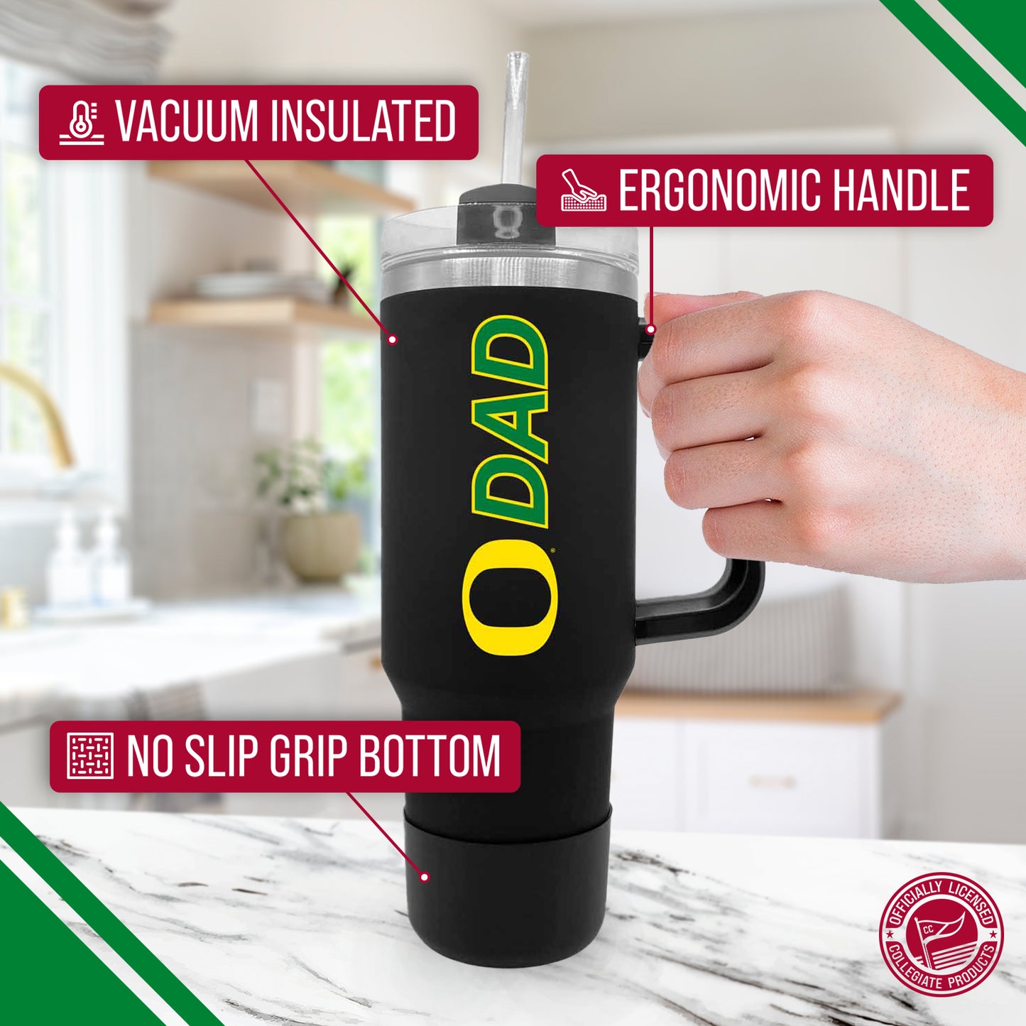 Oregon Ducks Collegiate 40oz Stainless Steel Travel Tumbler with Handle for Dad - Black
