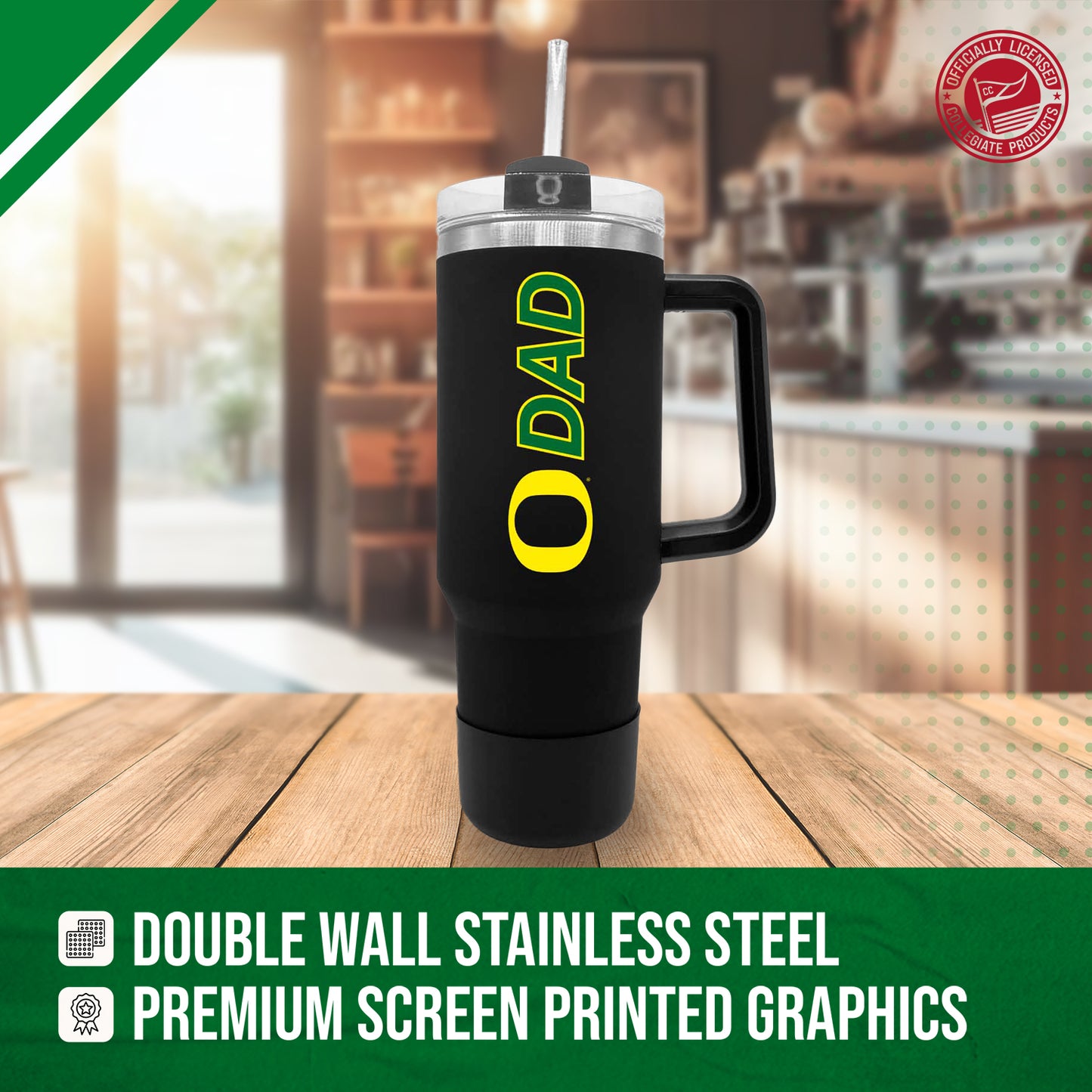 Oregon Ducks Collegiate 40oz Stainless Steel Travel Tumbler with Handle for Dad - Black