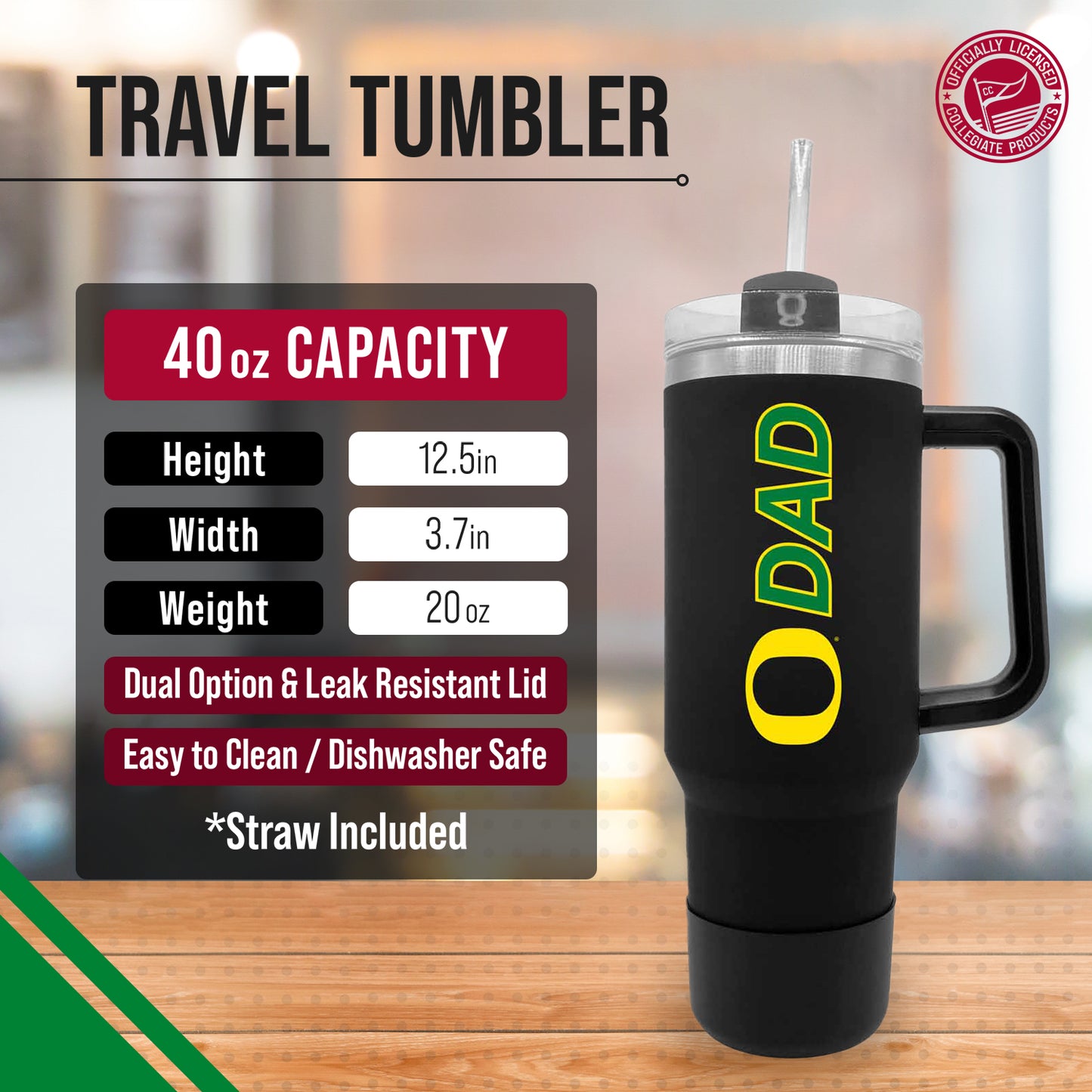 Oregon Ducks Collegiate 40oz Stainless Steel Travel Tumbler with Handle for Dad - Black