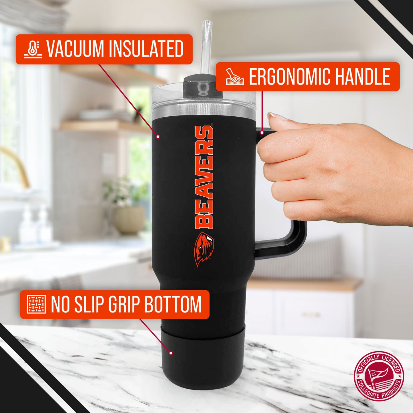 Oregon State Beavers College & University 40 oz Travel Tumbler With Handle - Black