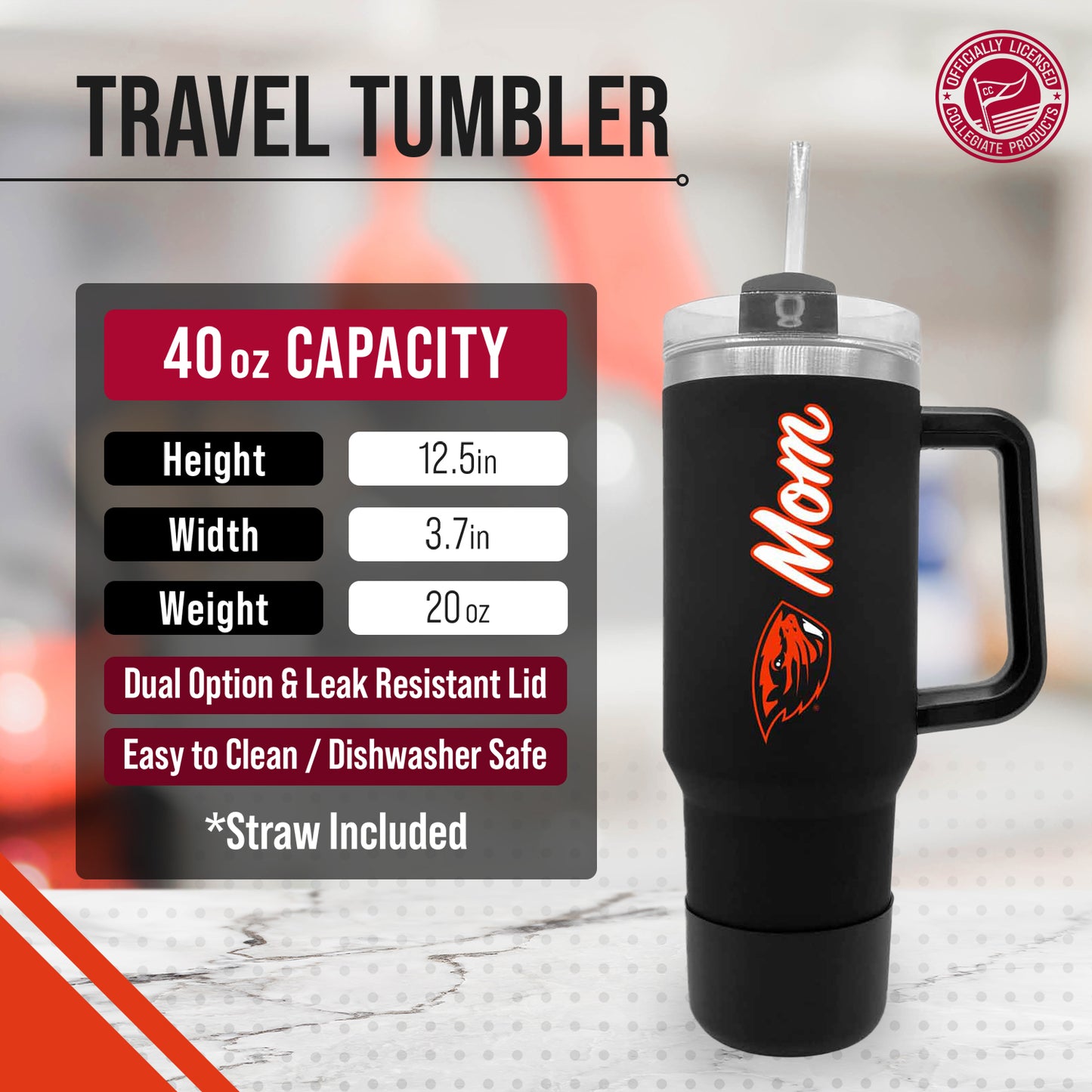 Oregon State Beavers Collegiate 40oz Stainless Steel Travel Tumbler with Handle for Mom - Black