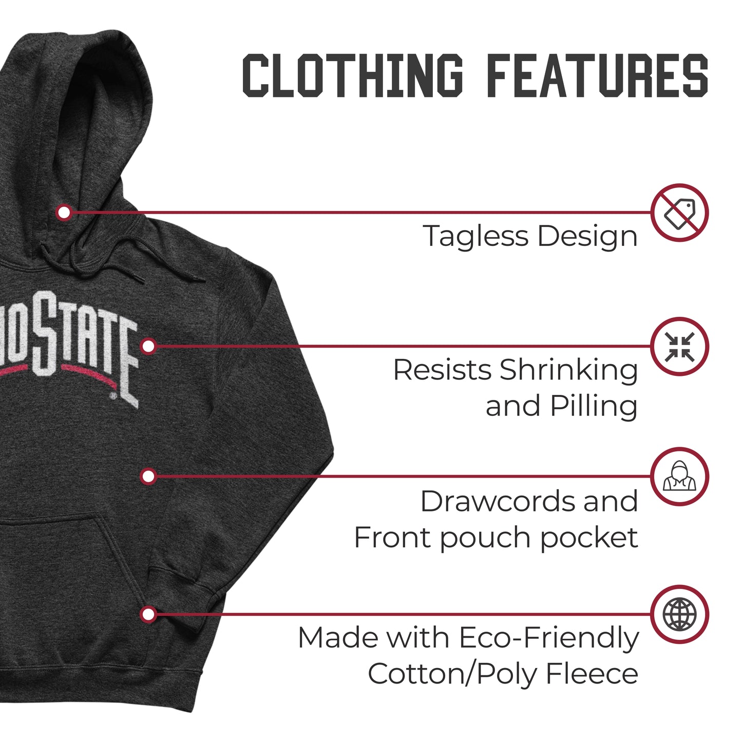 Ohio State Buckeyes NCAA Adult Cotton Blend Charcoal Hooded Sweatshirt - Charcoal