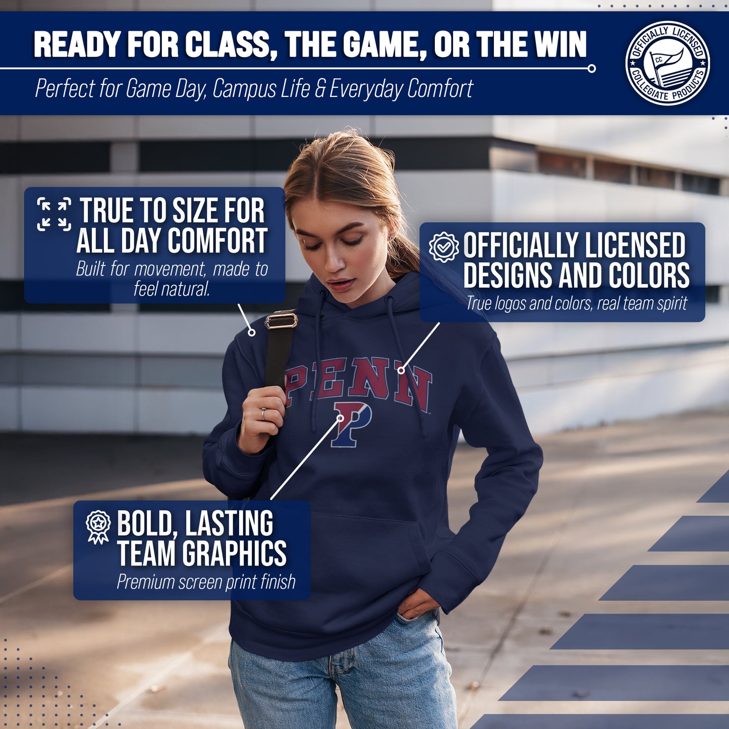Penn Quakers Campus Colors Adult Arch & Logo Soft Style Gameday Hooded Sweatshirt - Navy