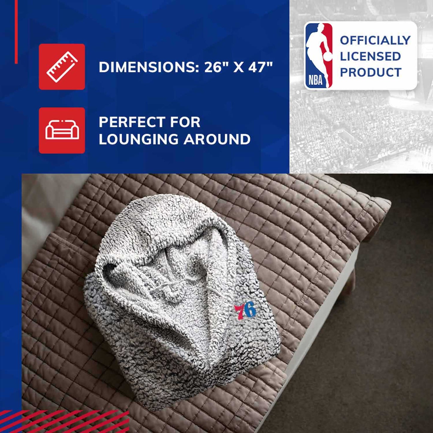 Philadelphia 76ers NBA Adult Plush Hooded Robe with Pockets - Gray