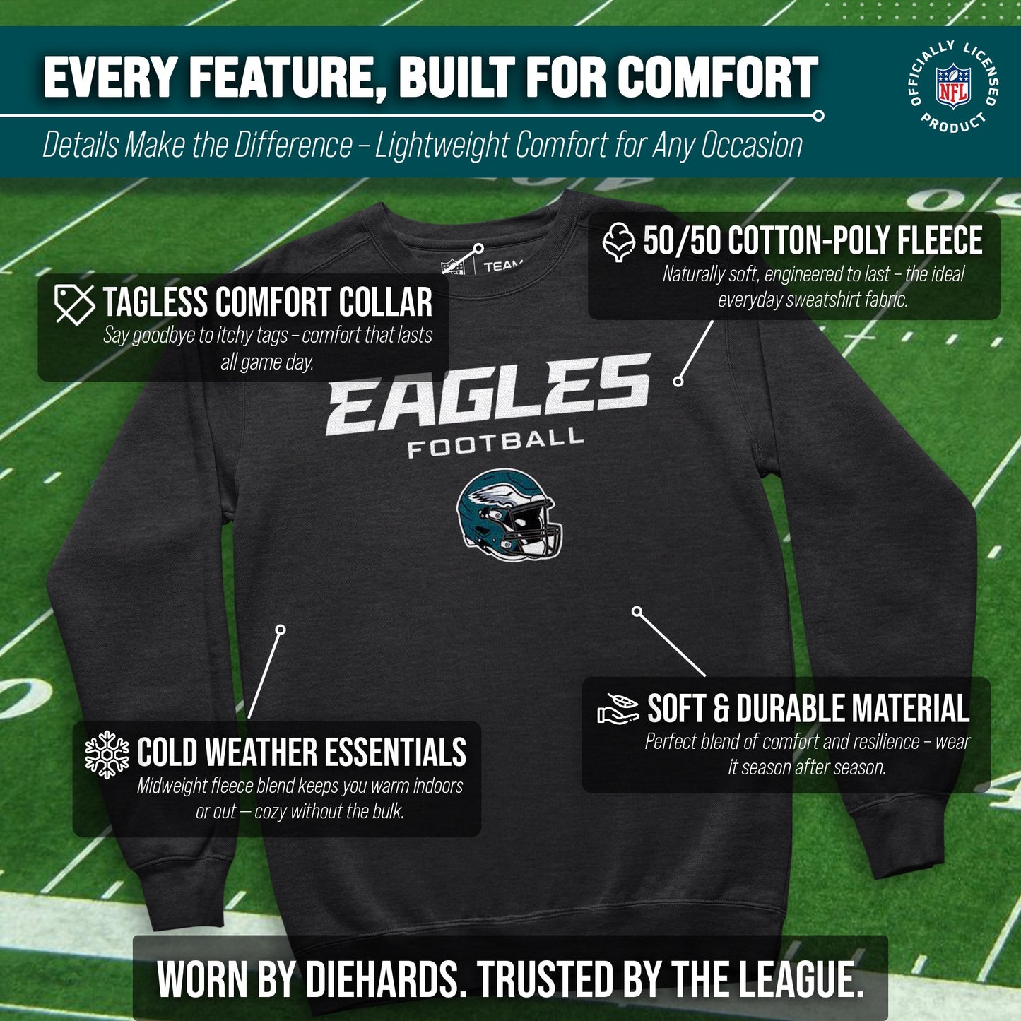 Philadelphia Eagles Adult NFL Football Helmet Heather Crewneck Sweatshirt - Charcoal