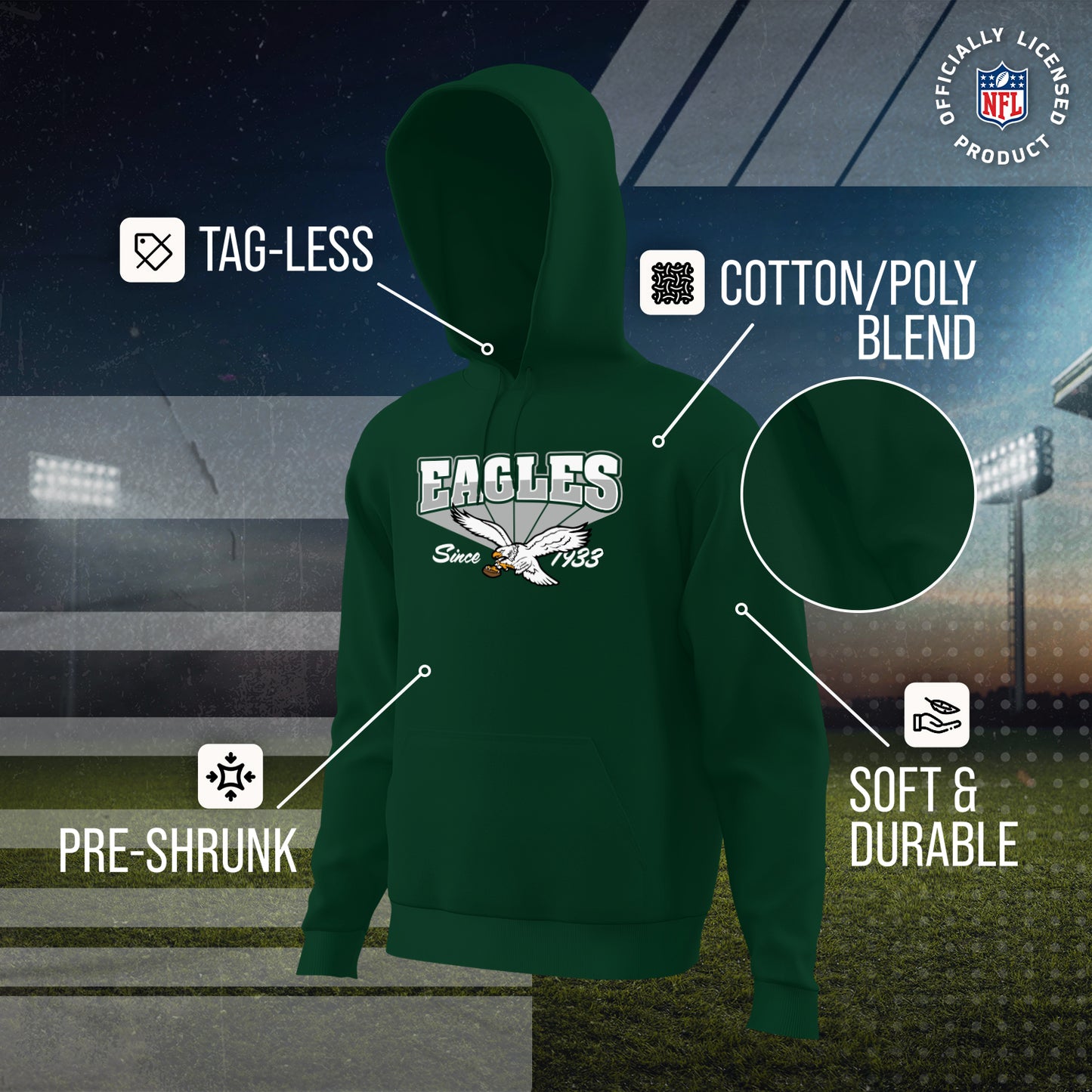 Philadelphia Eagles NFL Adult Unisex Vintage Block Ultra Soft Fleece Hooded Sweatshirt - Forest Green