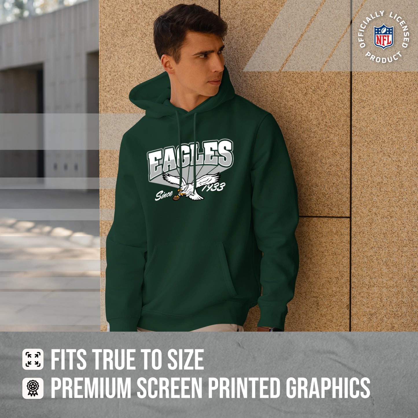 Philadelphia Eagles NFL Adult Unisex Vintage Block Ultra Soft Fleece Hooded Sweatshirt - Forest Green