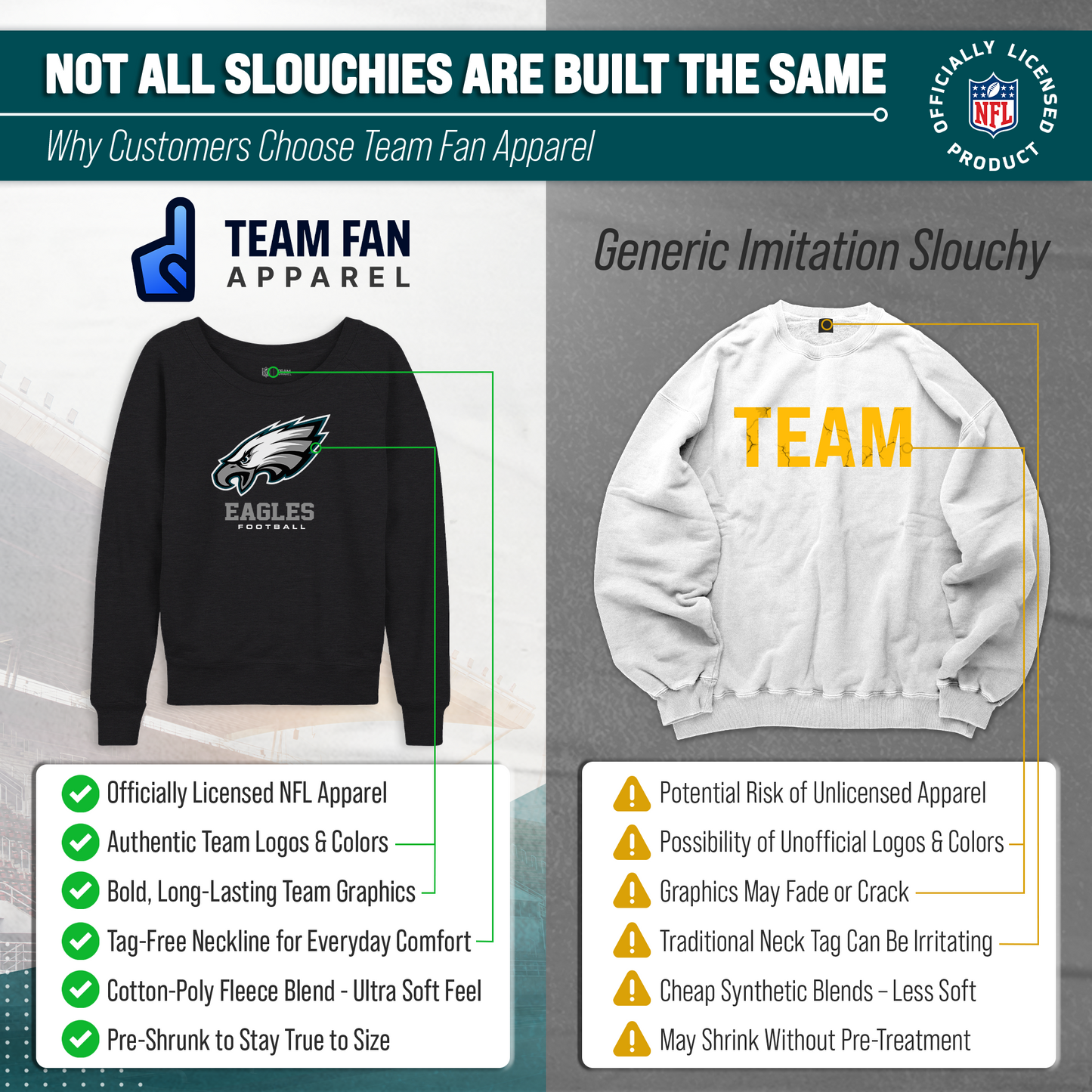 Philadelphia Eagles Women's NFL Ultimate Fan Logo Slouchy Crewneck -Tagless Fleece Lightweight Pullover - Charcoal