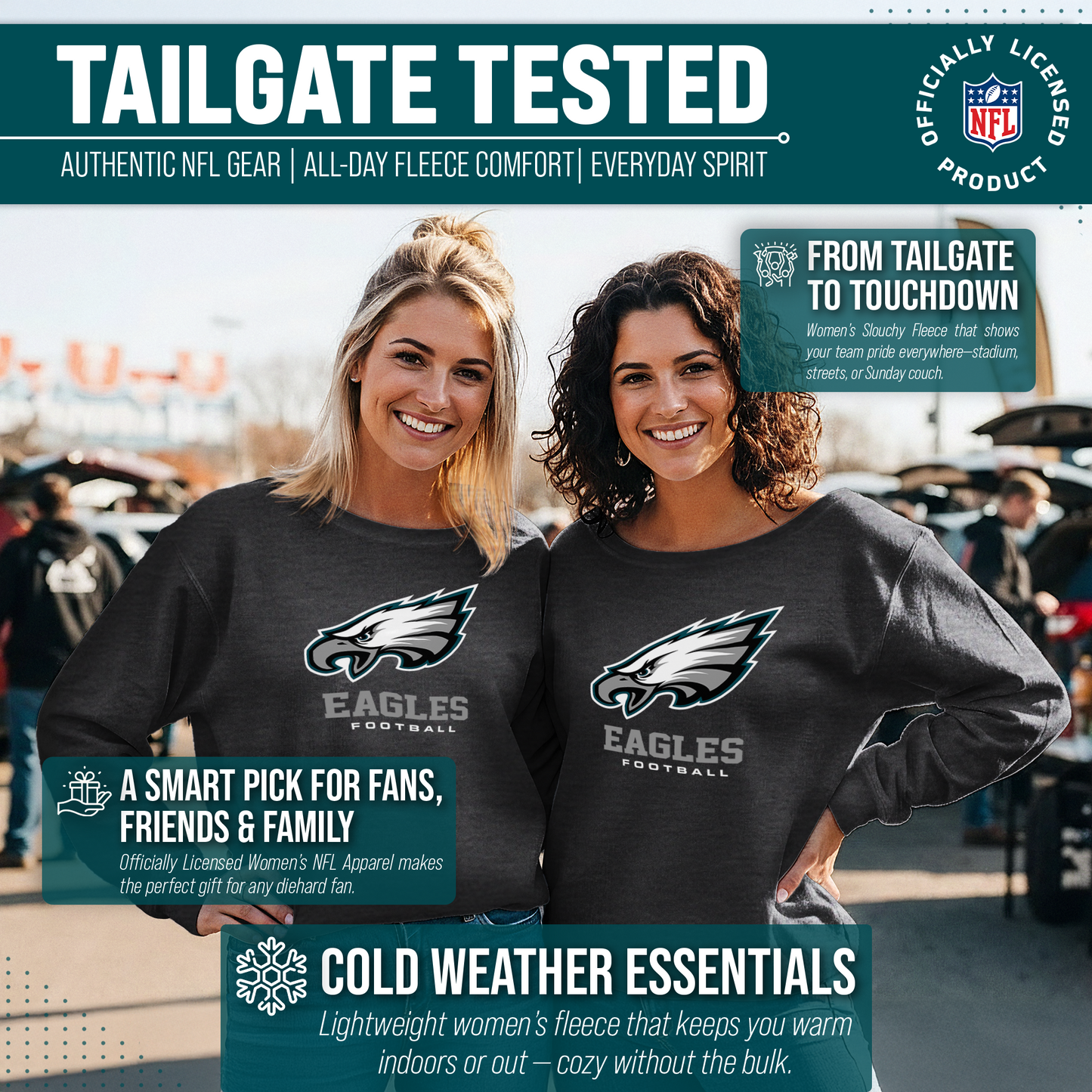 Philadelphia Eagles Women's NFL Ultimate Fan Logo Slouchy Crewneck -Tagless Fleece Lightweight Pullover - Charcoal