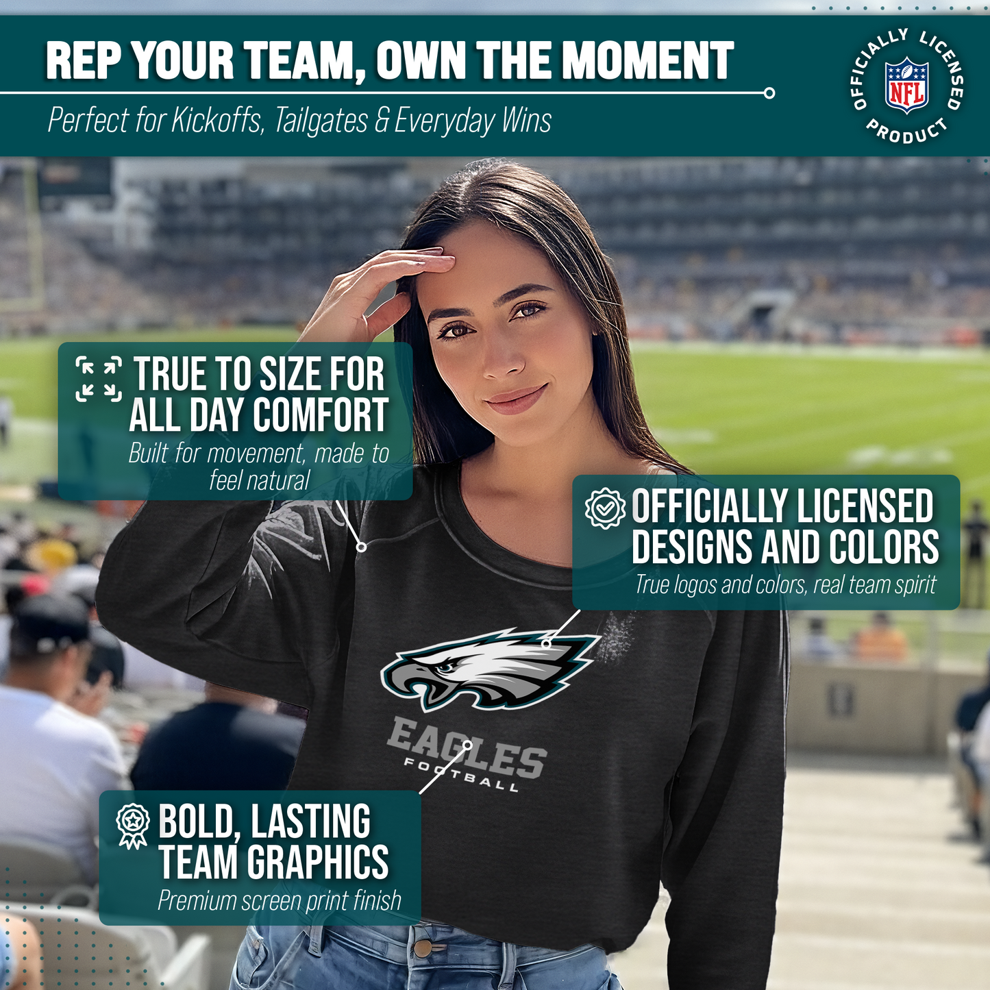 Philadelphia Eagles Women's NFL Ultimate Fan Logo Slouchy Crewneck -Tagless Fleece Lightweight Pullover - Charcoal