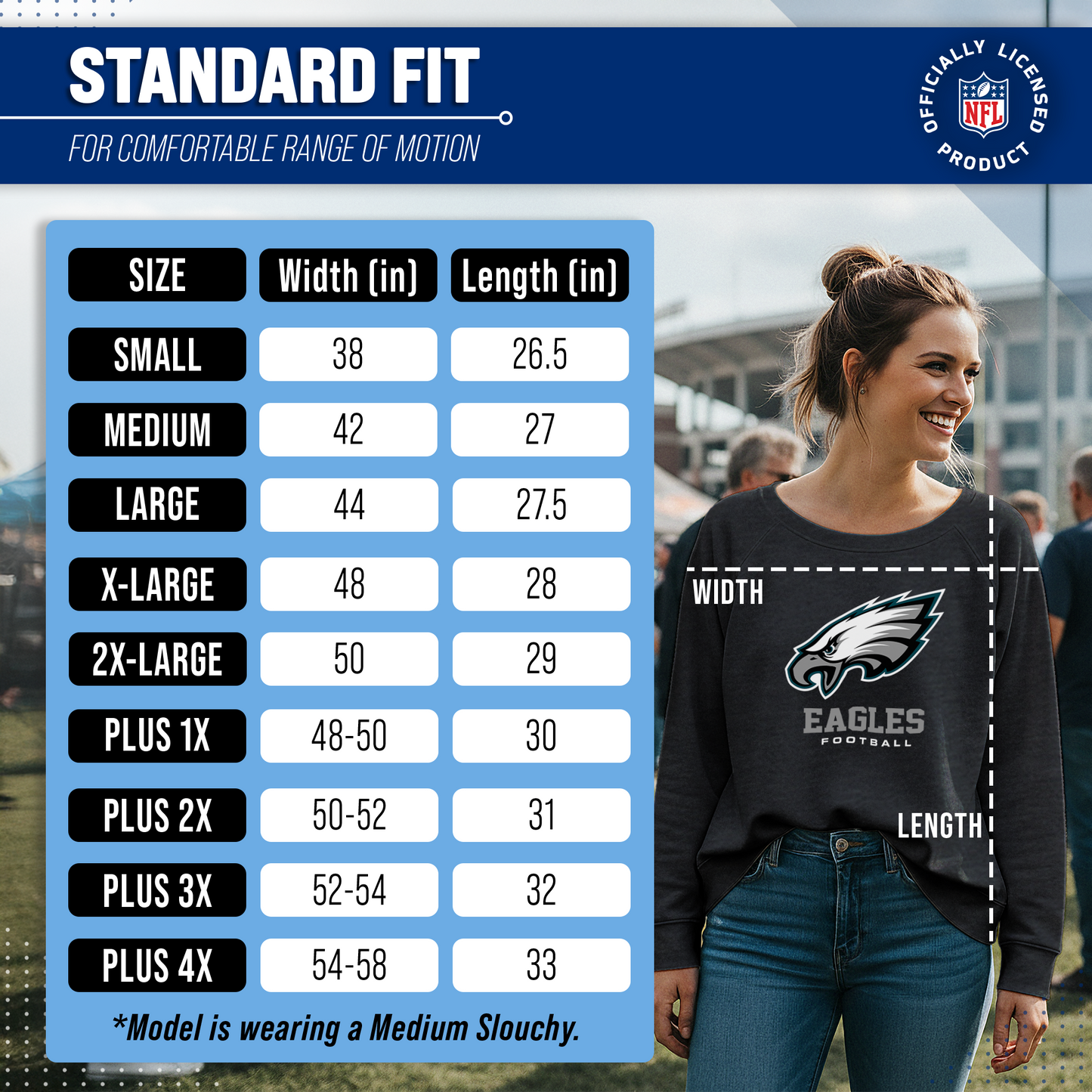 Philadelphia Eagles Women's NFL Ultimate Fan Logo Slouchy Crewneck -Tagless Fleece Lightweight Pullover - Charcoal
