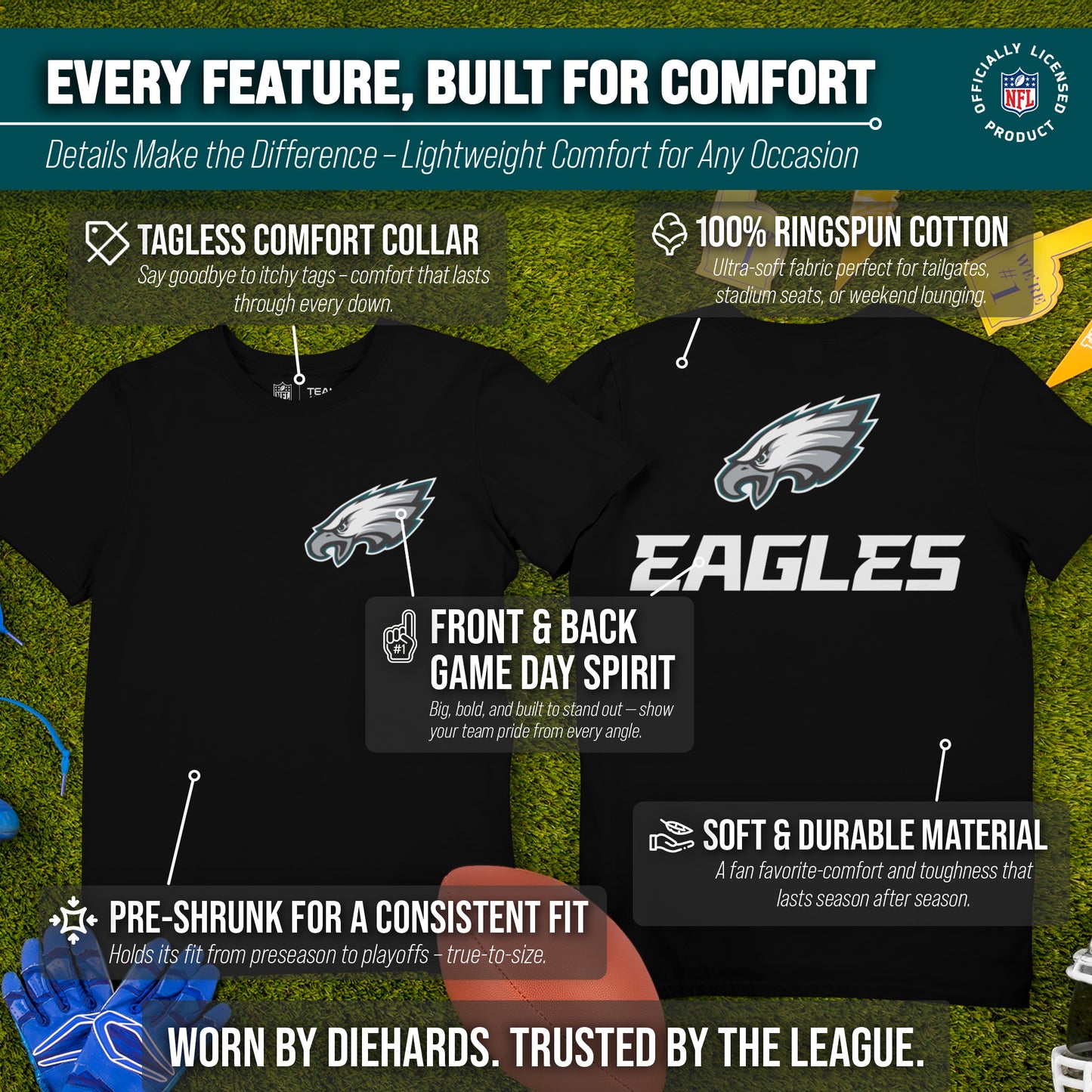 Philadelphia Eagles NFL Pro Football Final Countdown Adult Cotton-Poly Short Sleeved T-Shirt For Men & Women - Black